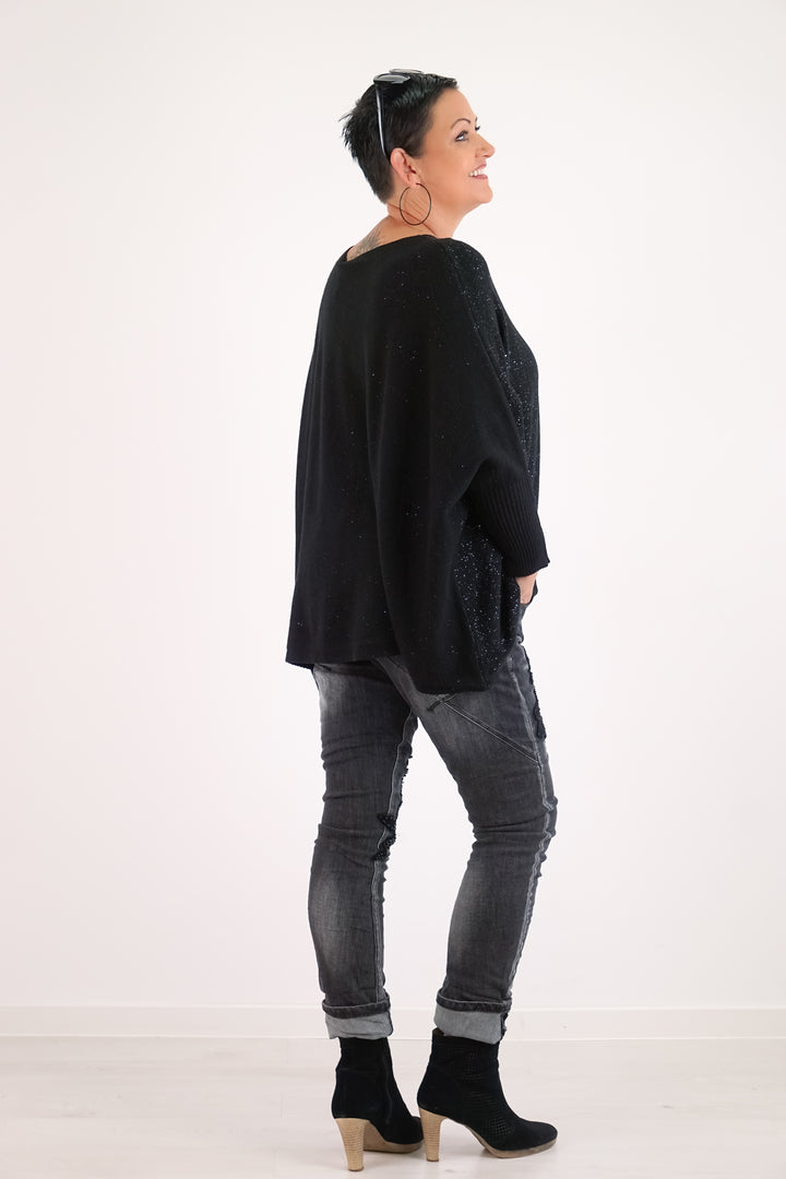 Weiter Feinstrickpulli „sparkle“, schwarz