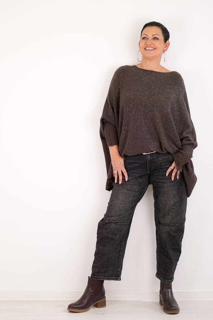 Weiter Feinstrickpulli „sparkle“, schokobraun