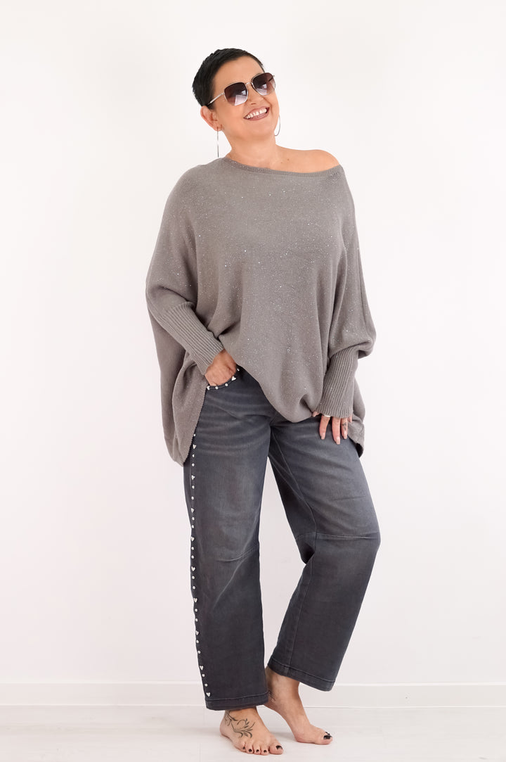 Weiter Feinstrickpulli „sparkle“, taupe