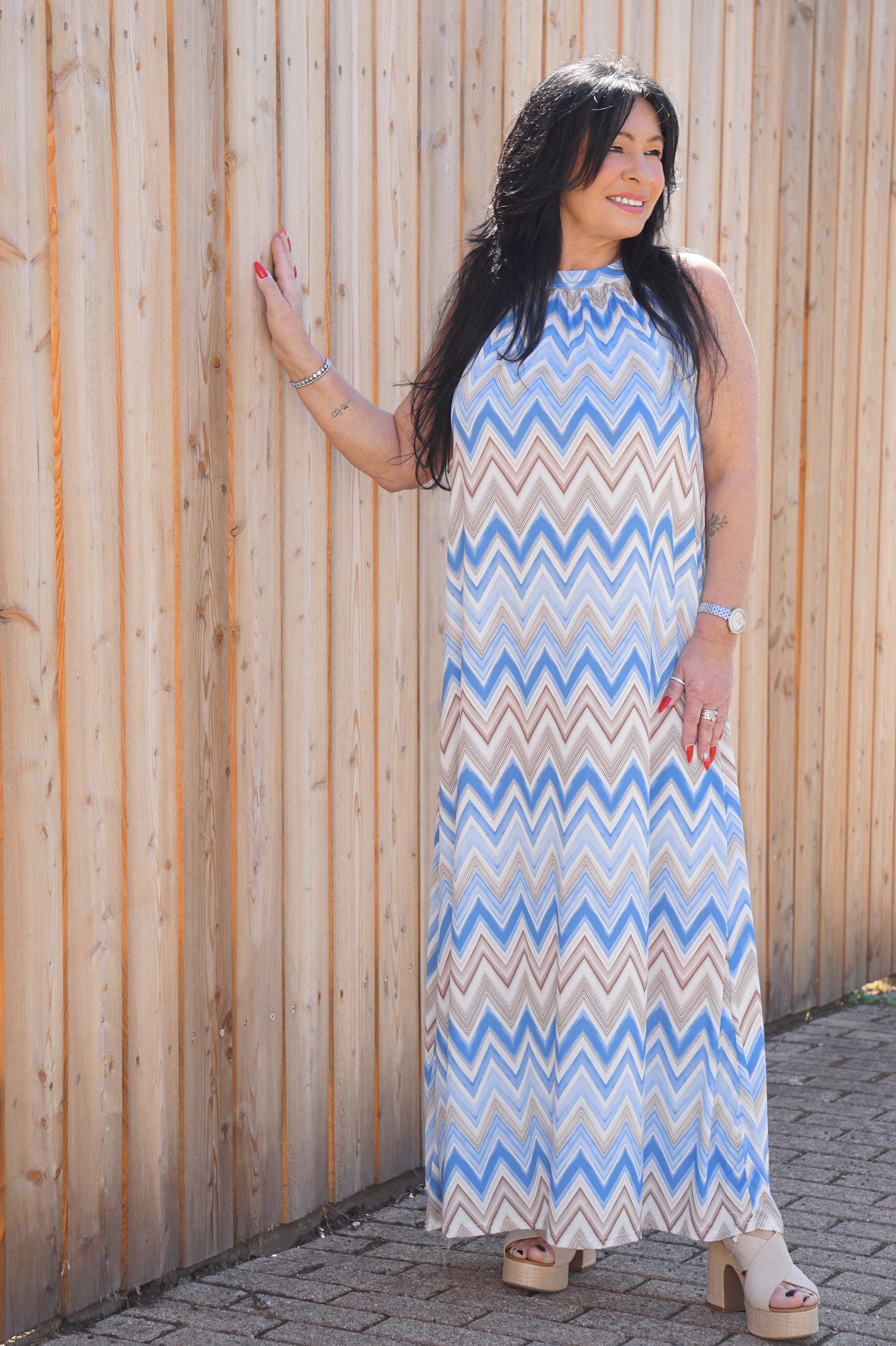 Langes Kofferkleid mit Print, blau/beige