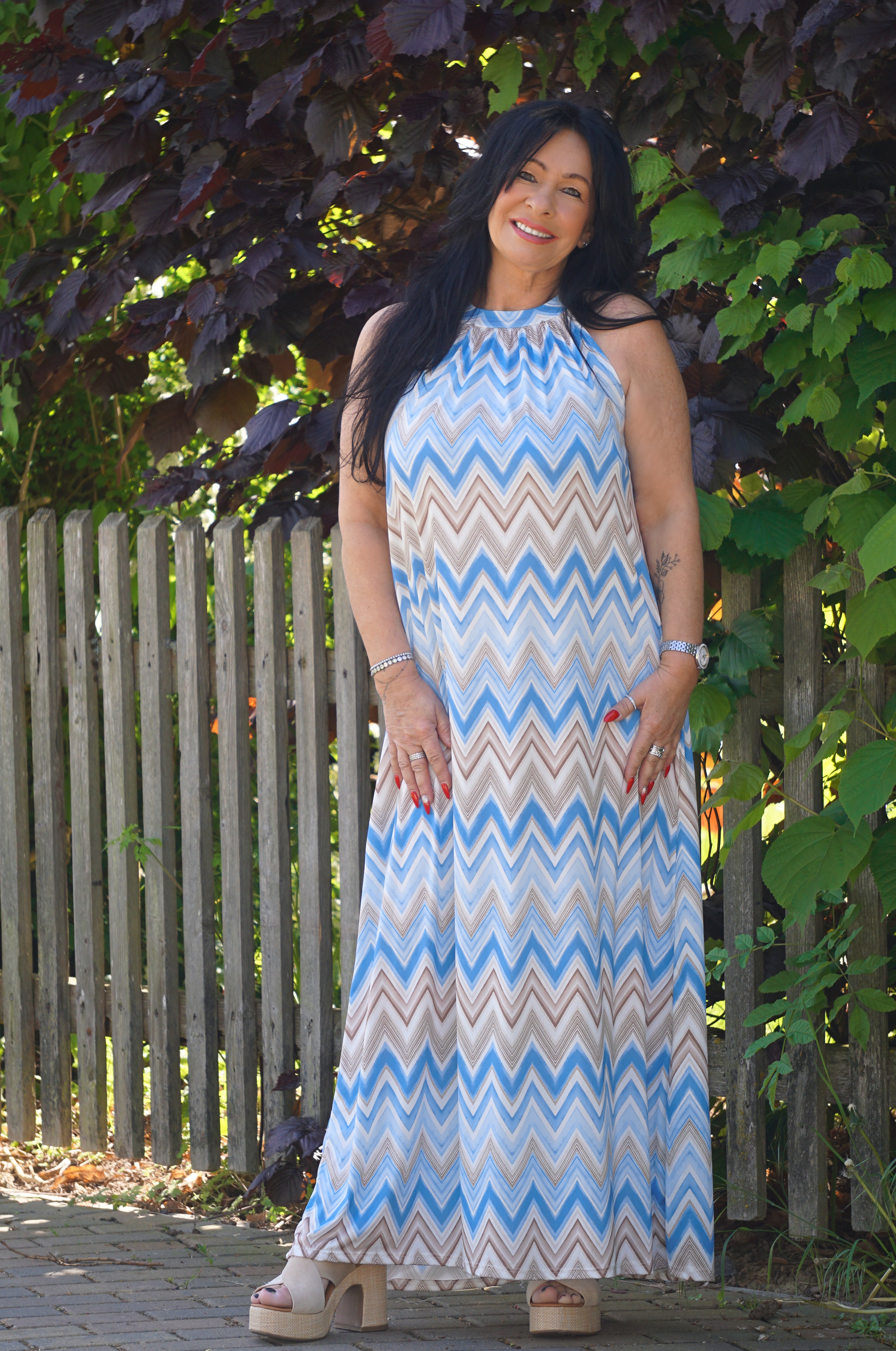 Langes Kofferkleid mit Print, blau/beige