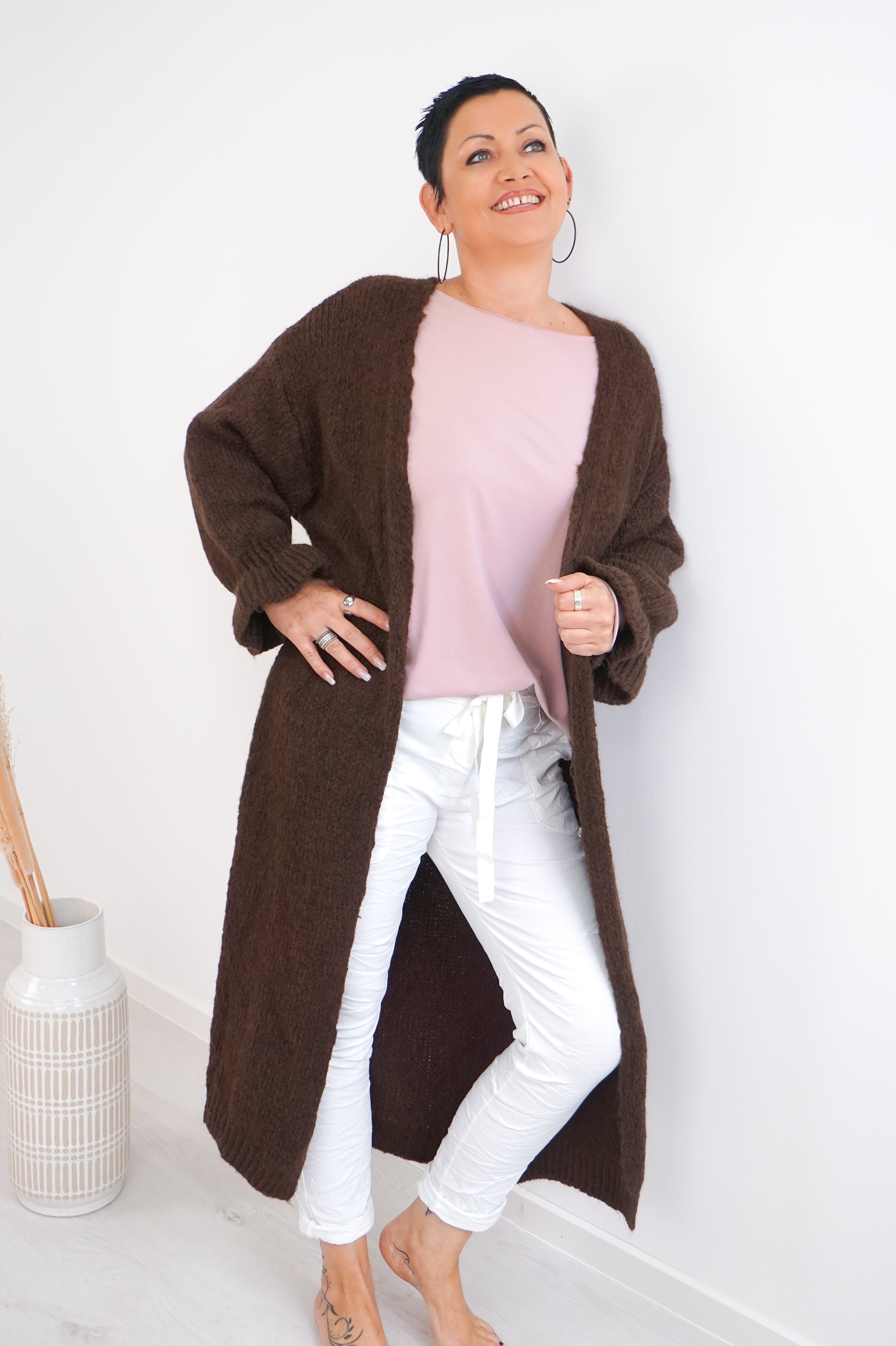 Lange Strickjacke, schokobraun