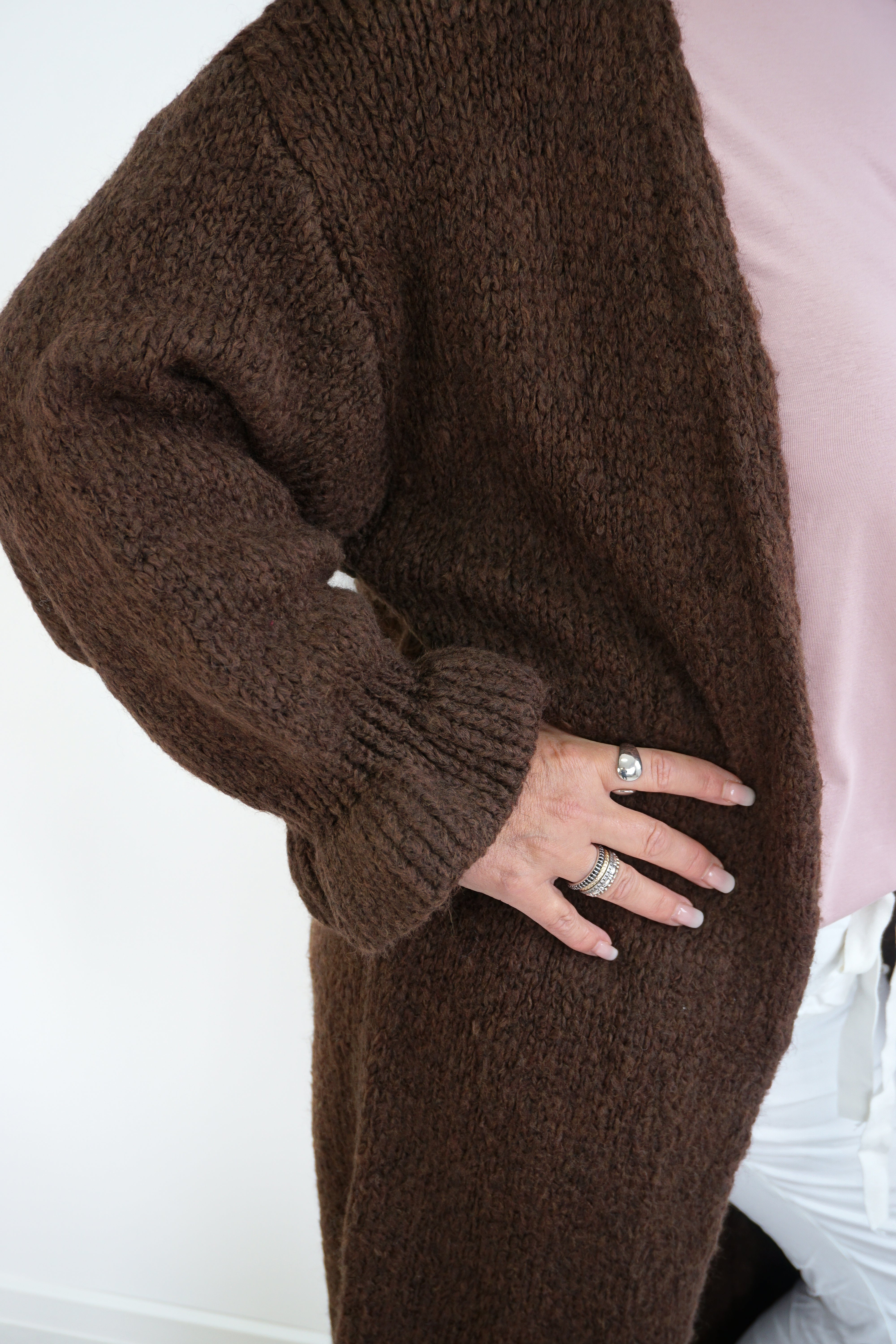 Lange Strickjacke, schokobraun