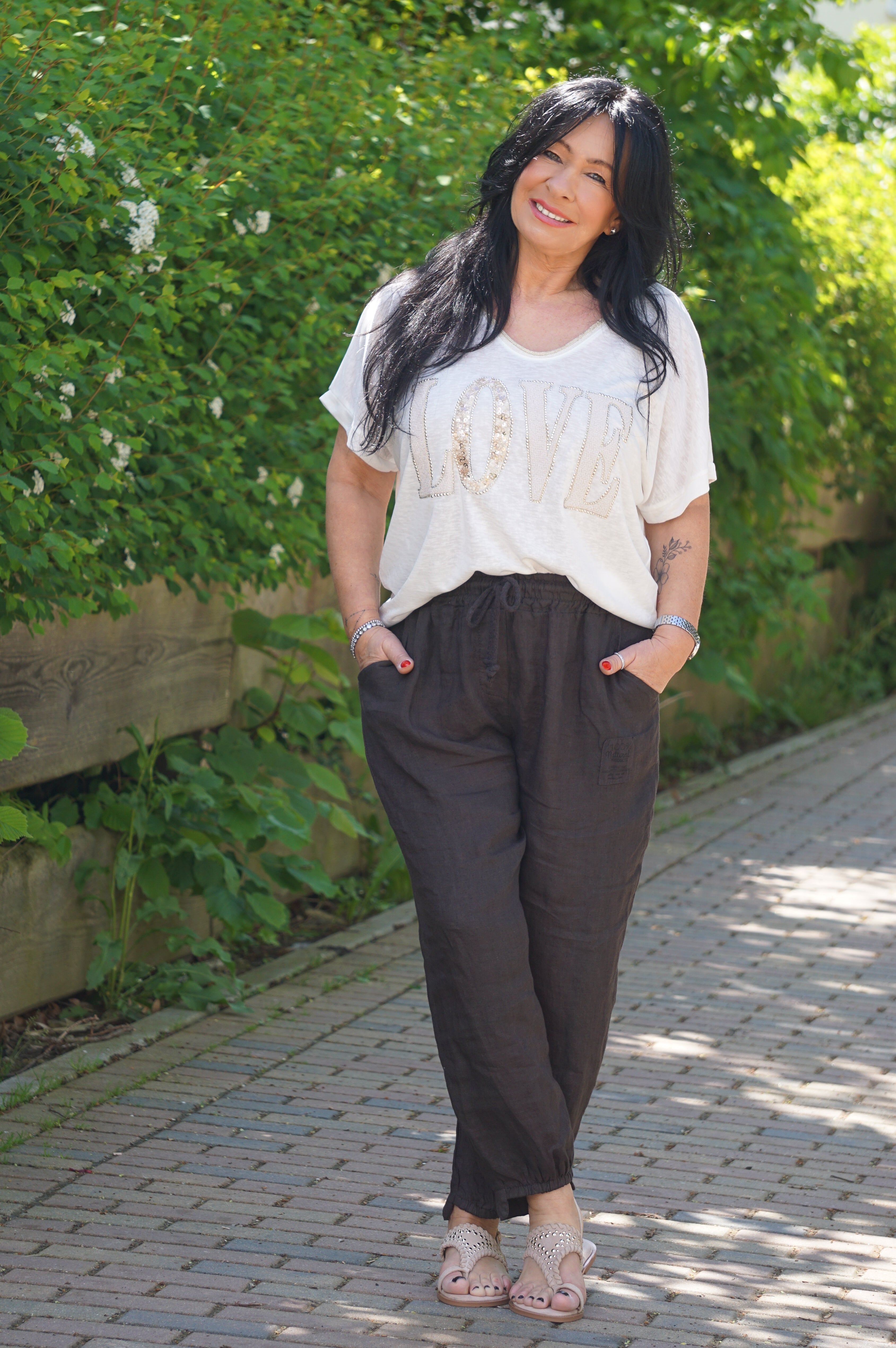 Boho Zehentrenner Sandale mit Nieten, beige