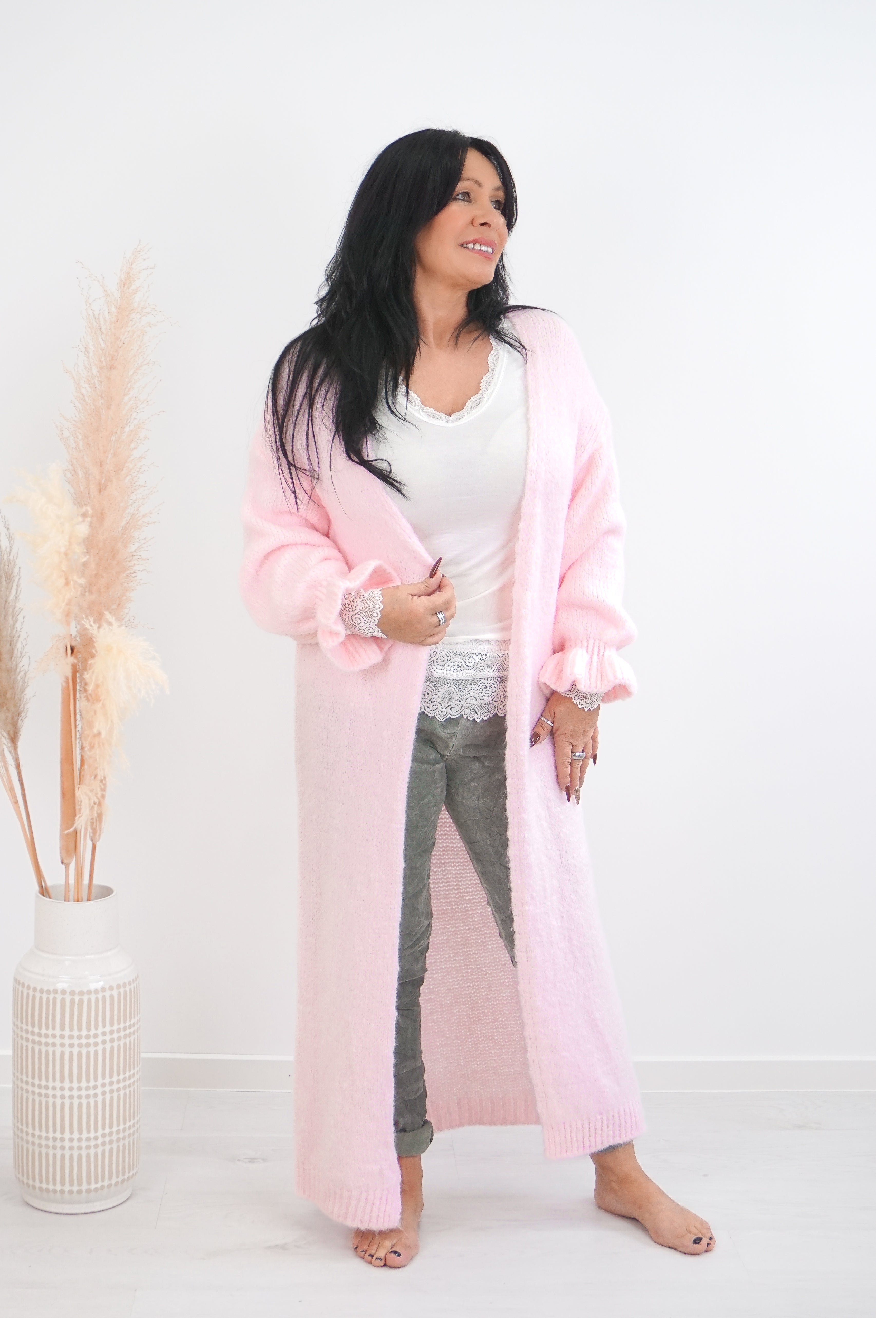 Lange Strickjacke, rosa
