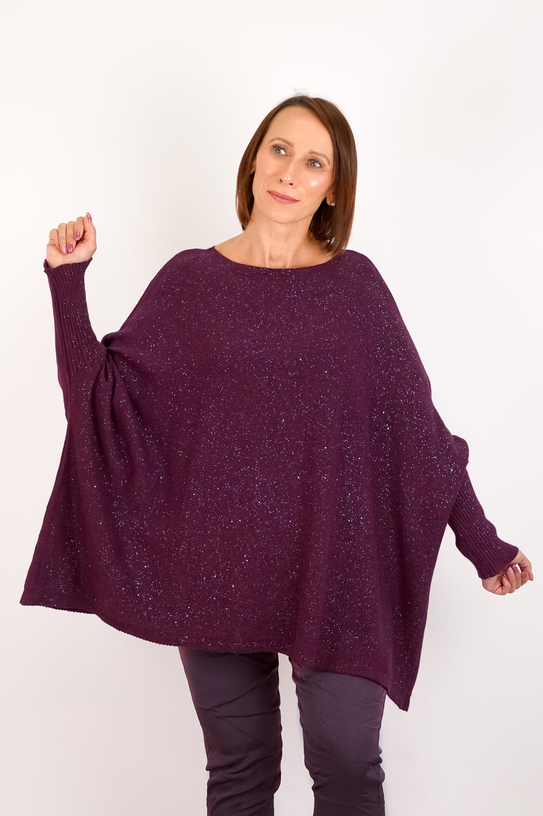Weiter Feinstrickpulli „sparkle“, burgunder