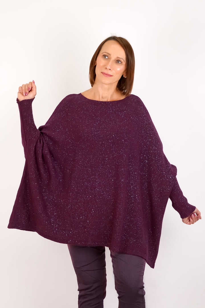 Weiter Feinstrickpulli „sparkle“, burgunder