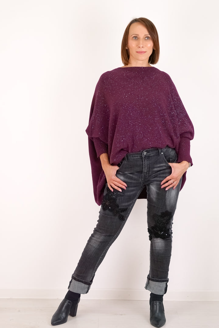 Weiter Feinstrickpulli „sparkle“, burgunder
