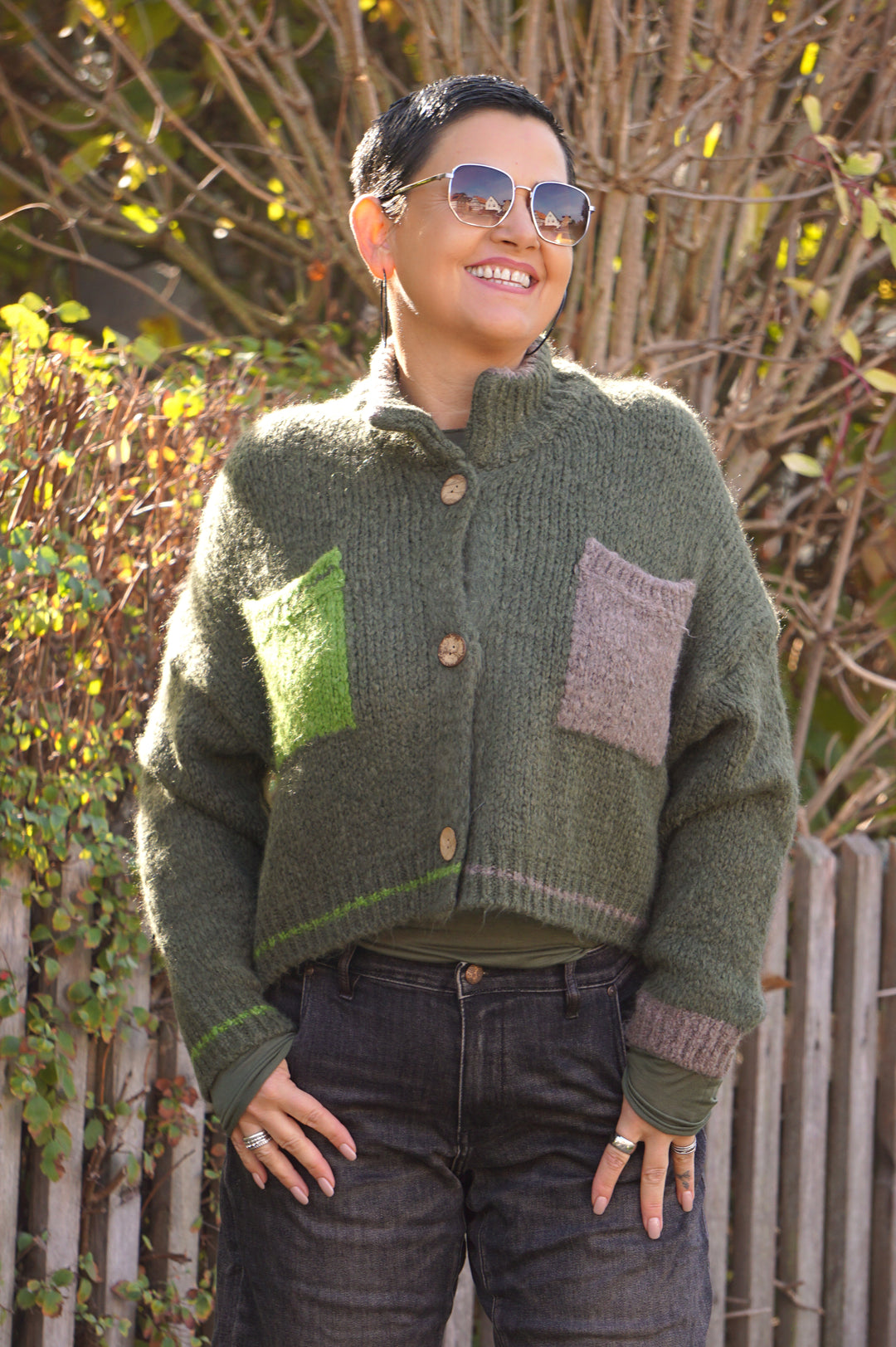 Strickjacke mit Kontrasttaschen, khaki