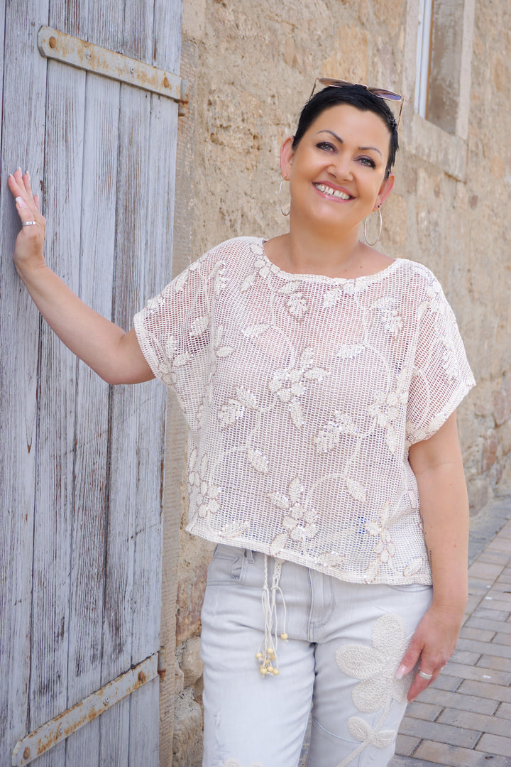 Zweite Wahl - Kurzarm Häkelshirt "Flowers" - Vom Umtausch ausgeschlossen