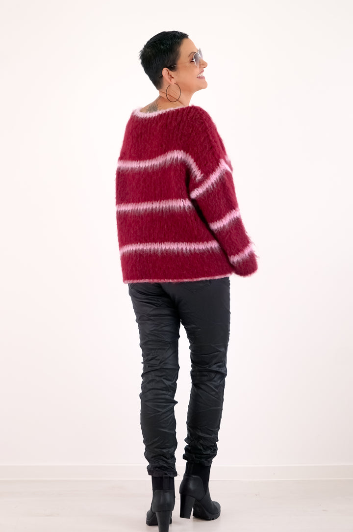 Kuscheliger Grobstrickpullover mit Streifen, bordeaux/rosa