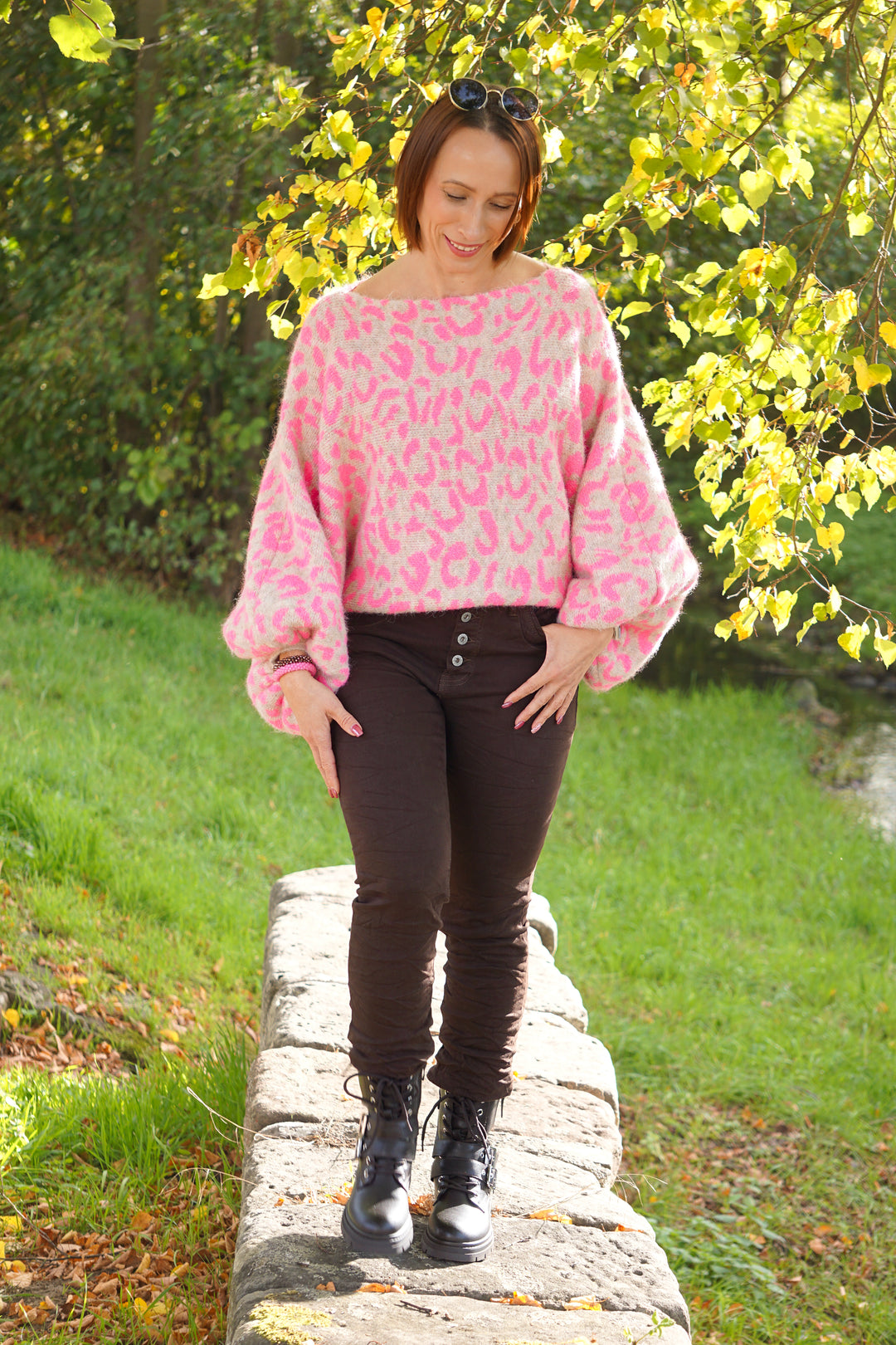 Leo Strickpulli mit weiten Ballonärmeln, beige/neonpink