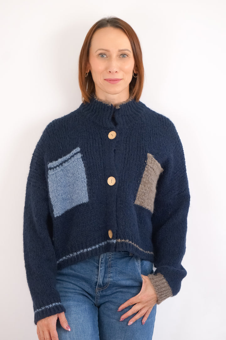 Strickjacke mit Kontrasttaschen, dunkelblau