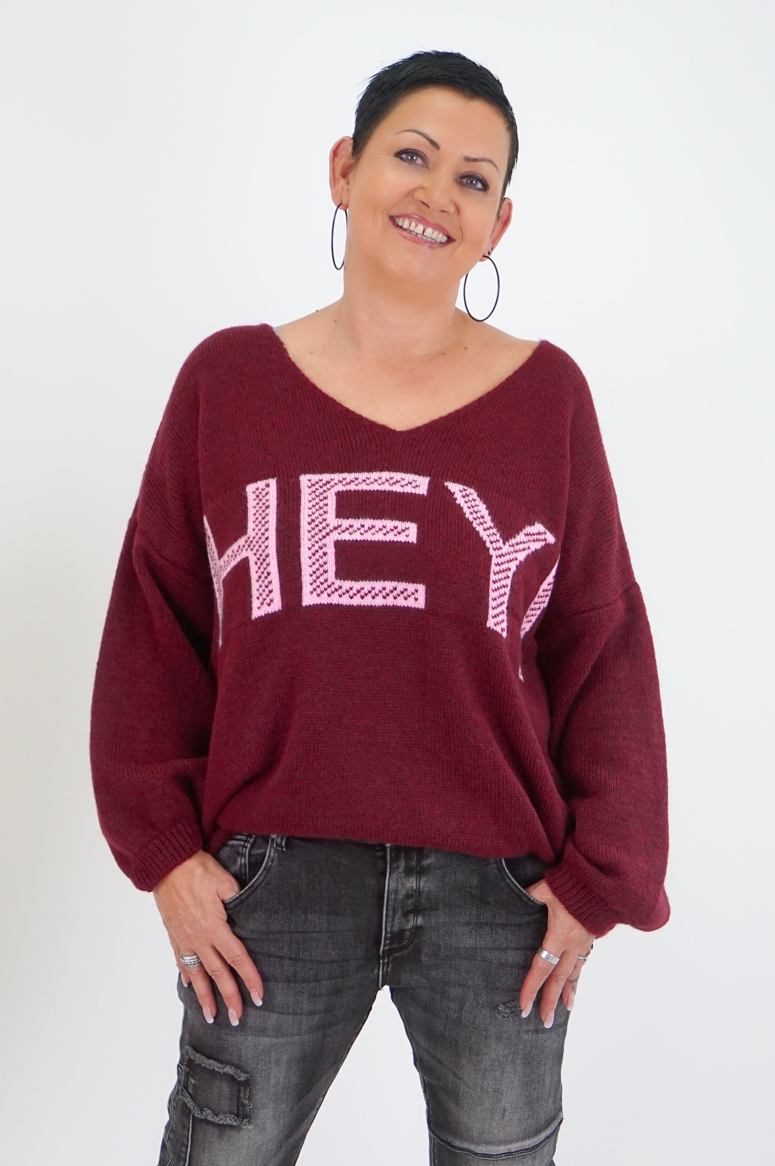 Strickpulli "hey", bordeaux