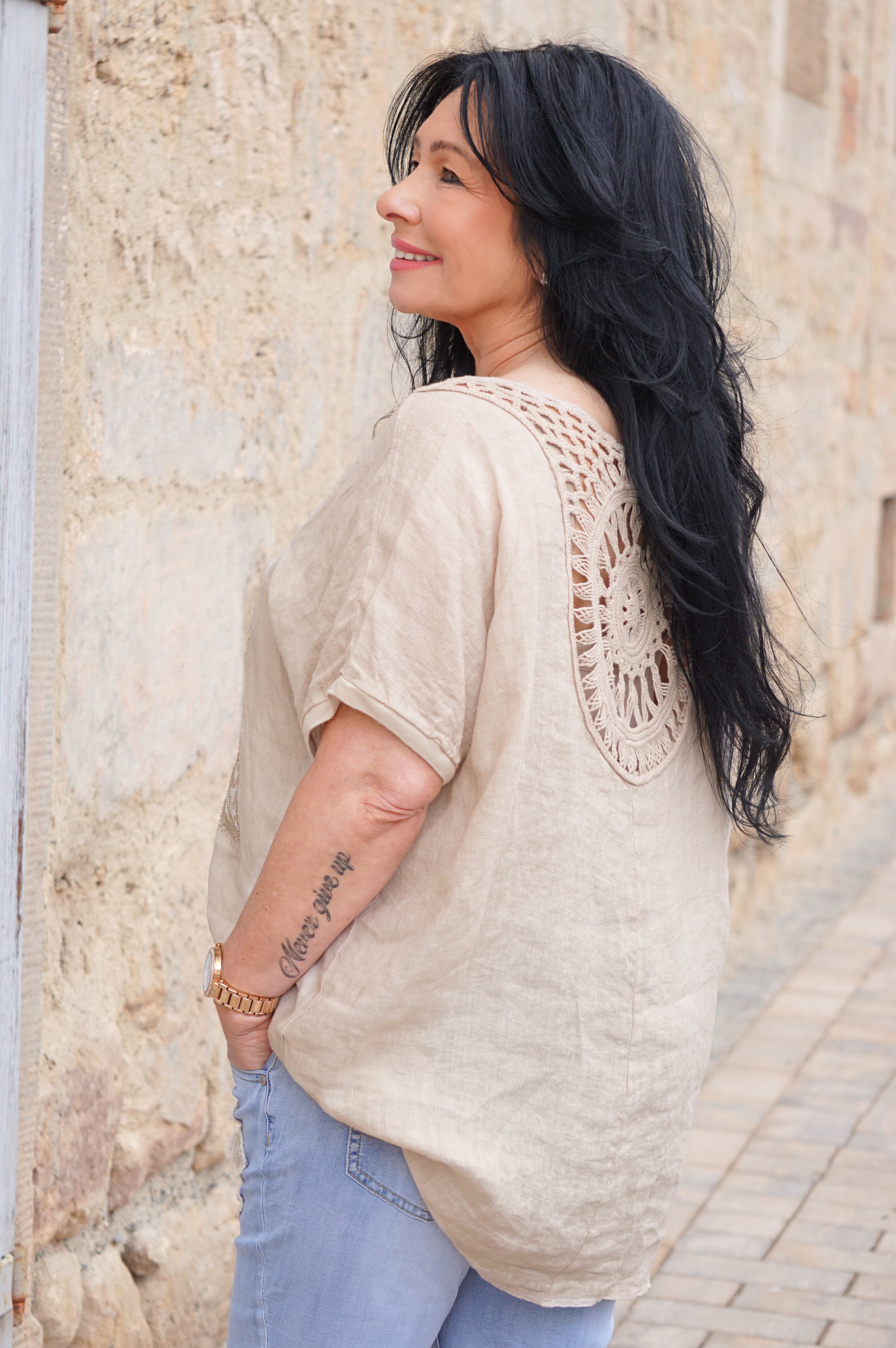 Leinenshirt "Beach" mit Häkeleinsatz, beige
