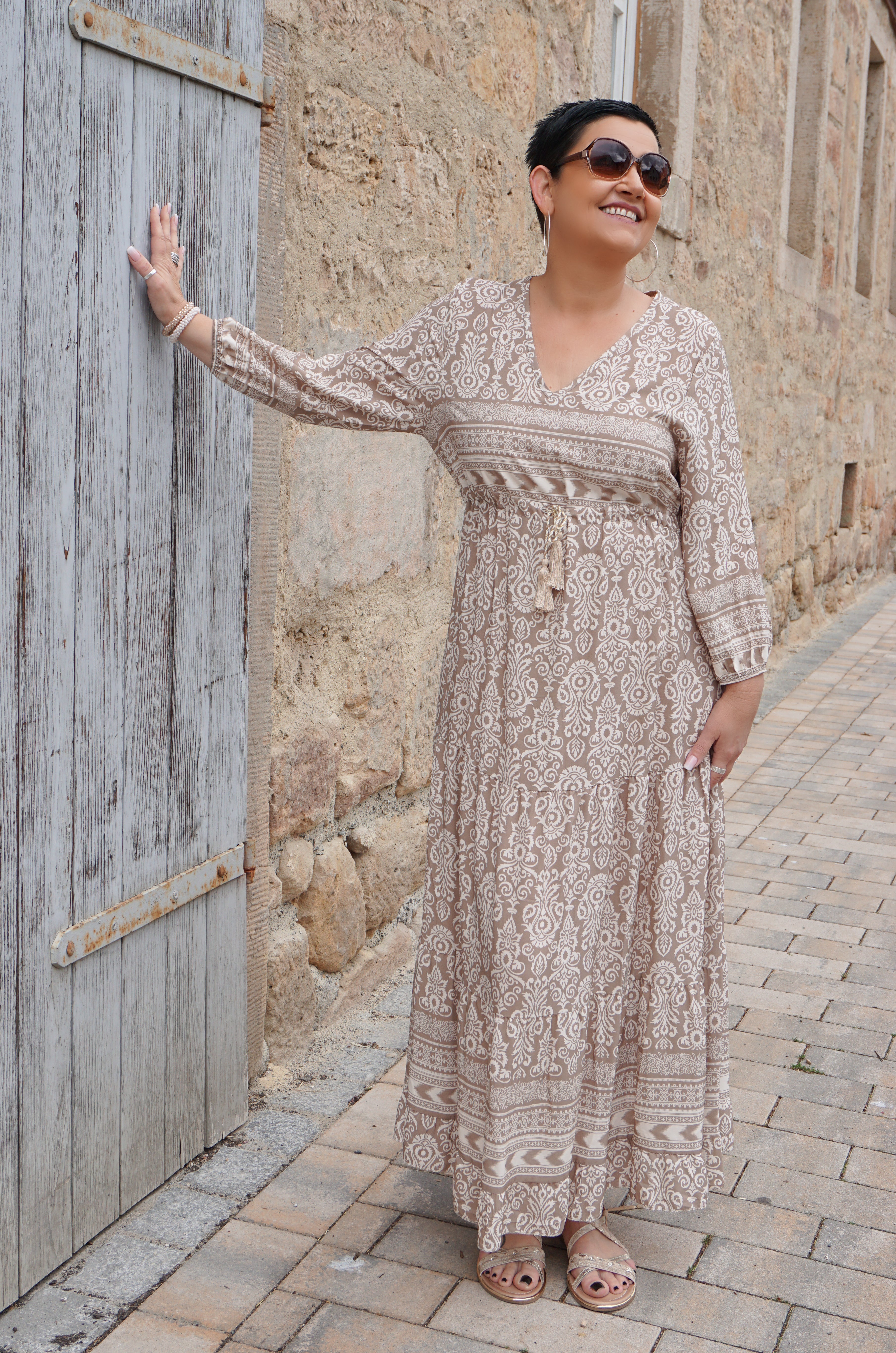Langes Kleid mit Print, beige