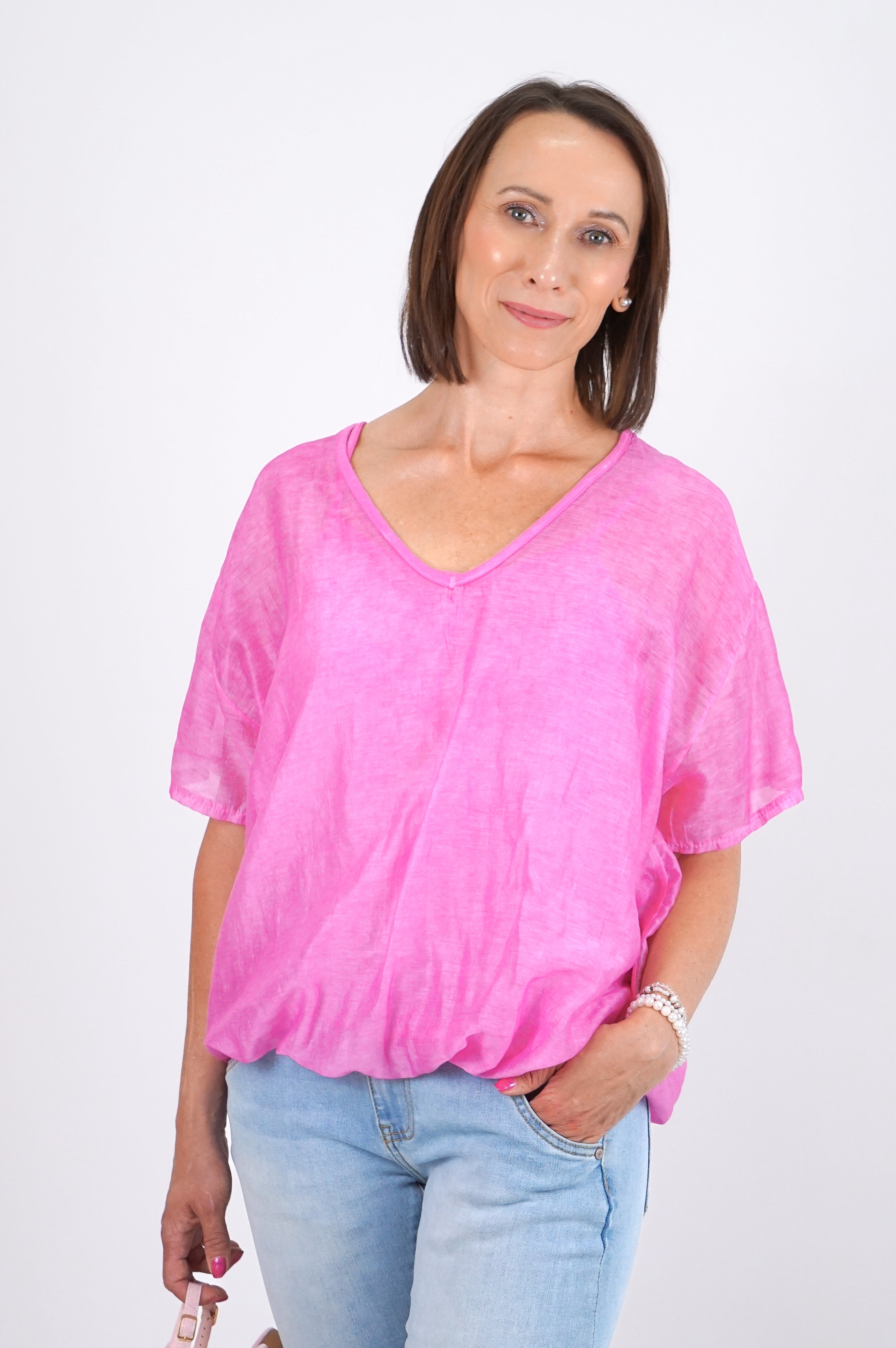 Blusenshirt mit leicht glänzender Optik, pink