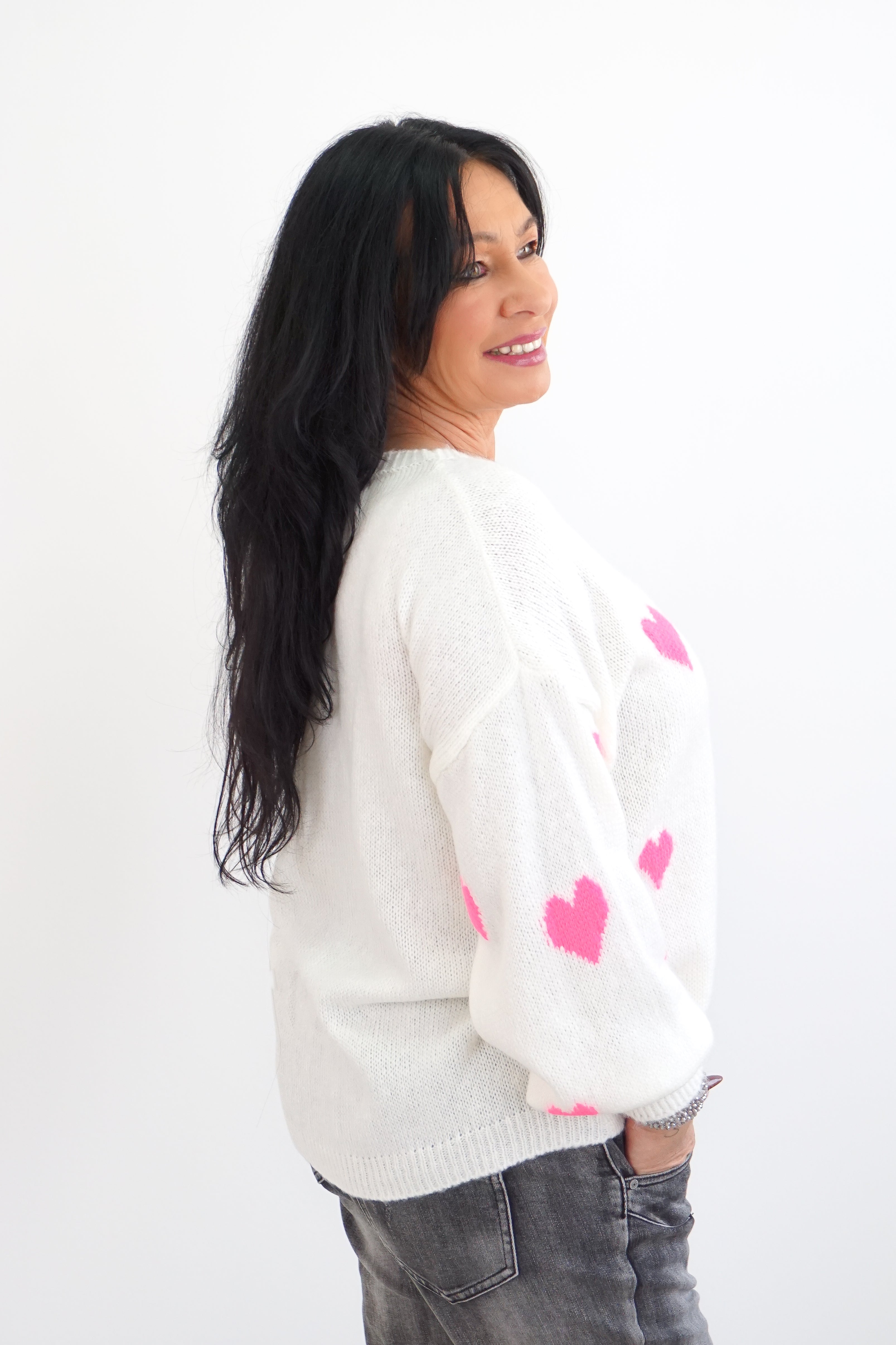 Strickpulli „little hearts“, creme/neonpink