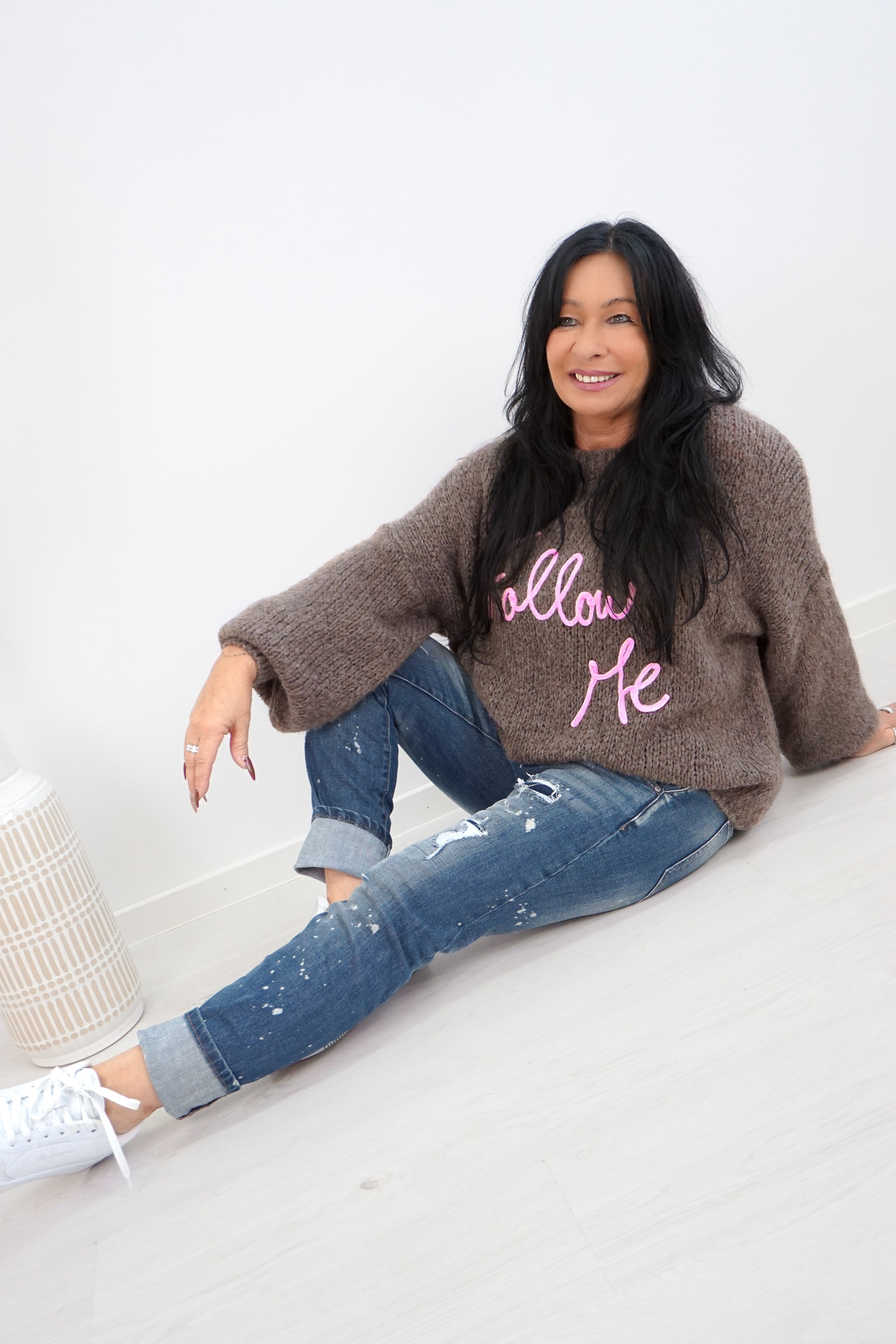 Strickpulli "Follow me", taupe/ candy pink