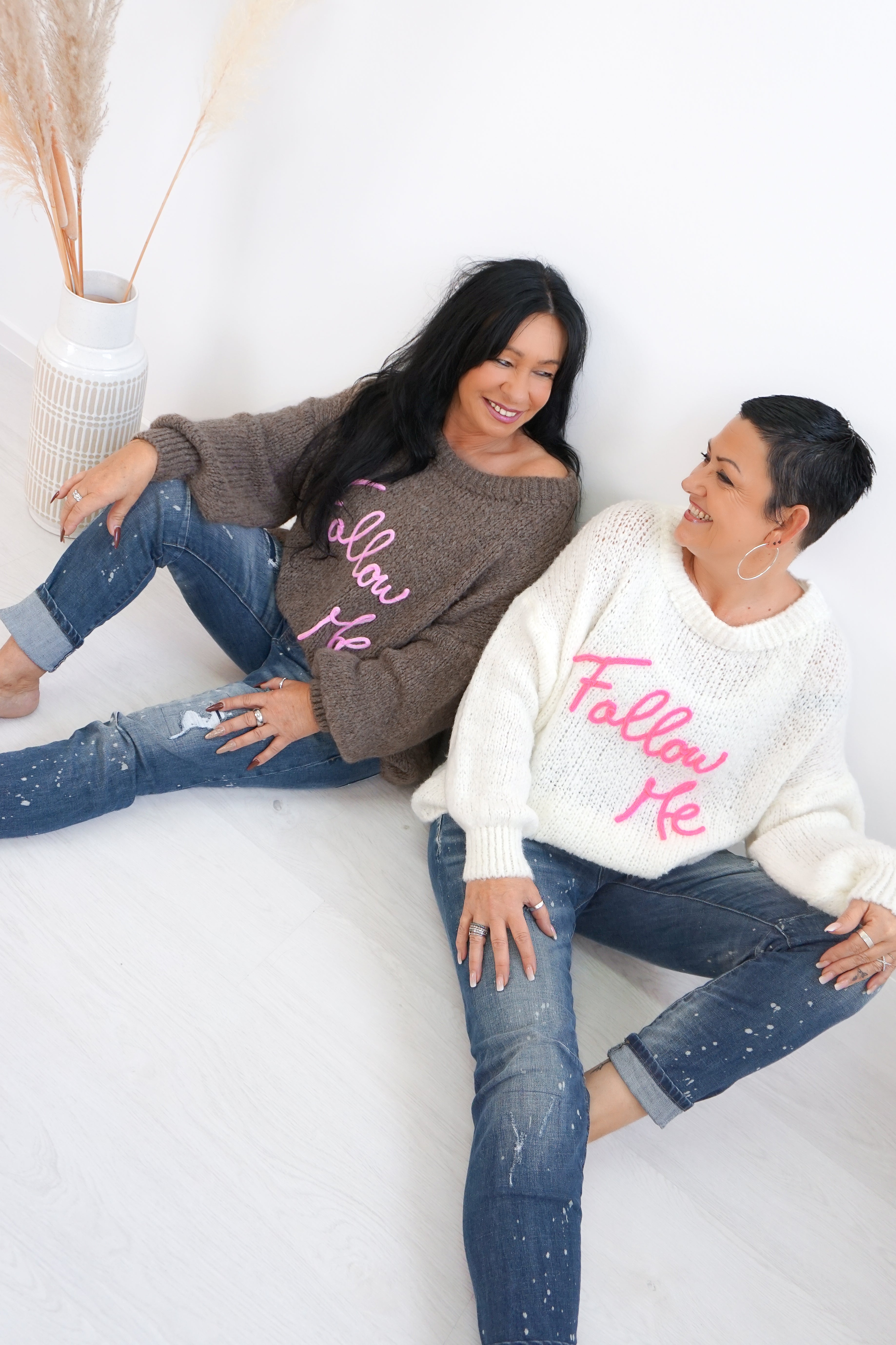 Strickpulli "Follow me", taupe/ candy pink