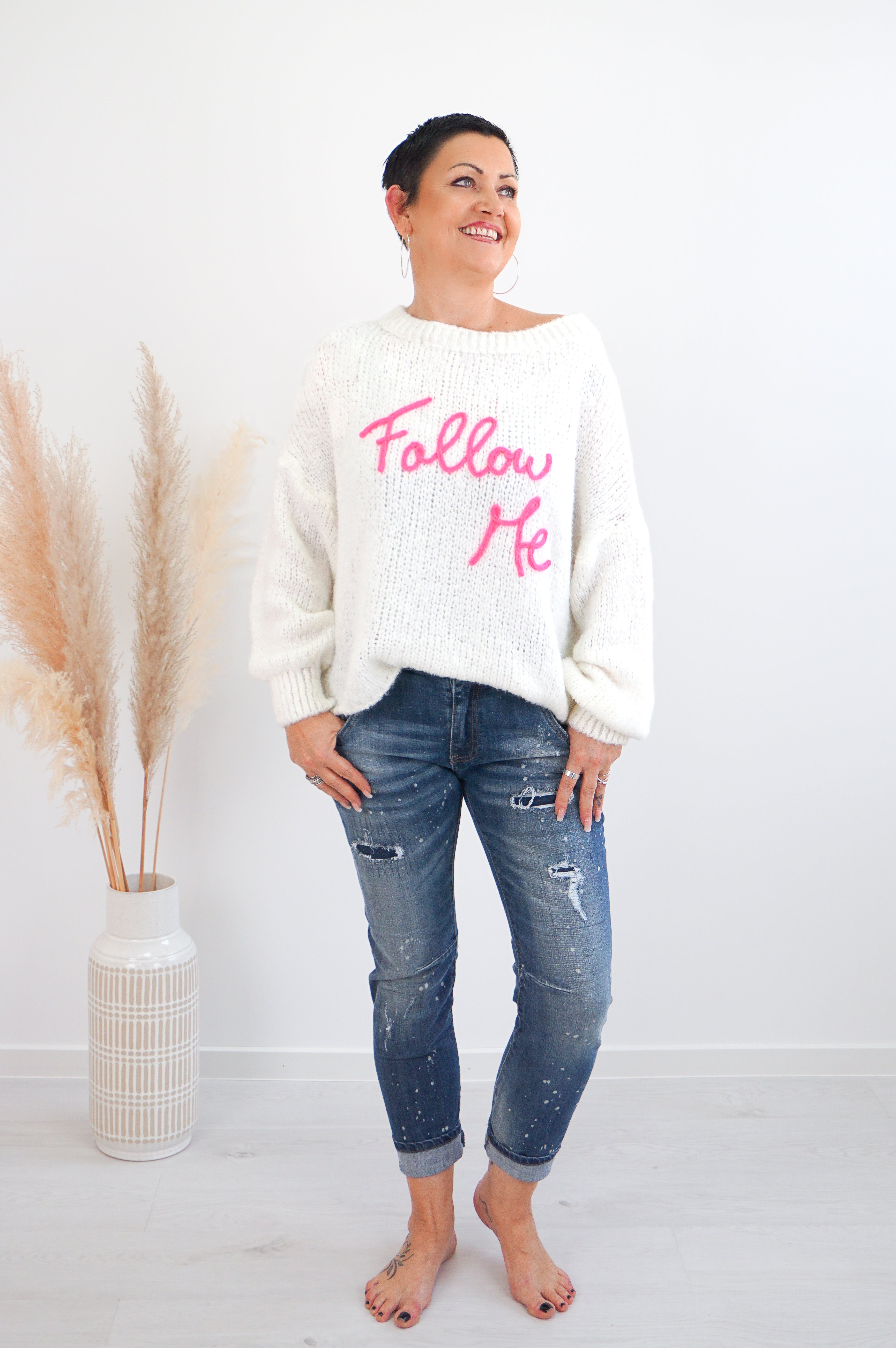 Strickpulli "Follow me", creme/neonpink