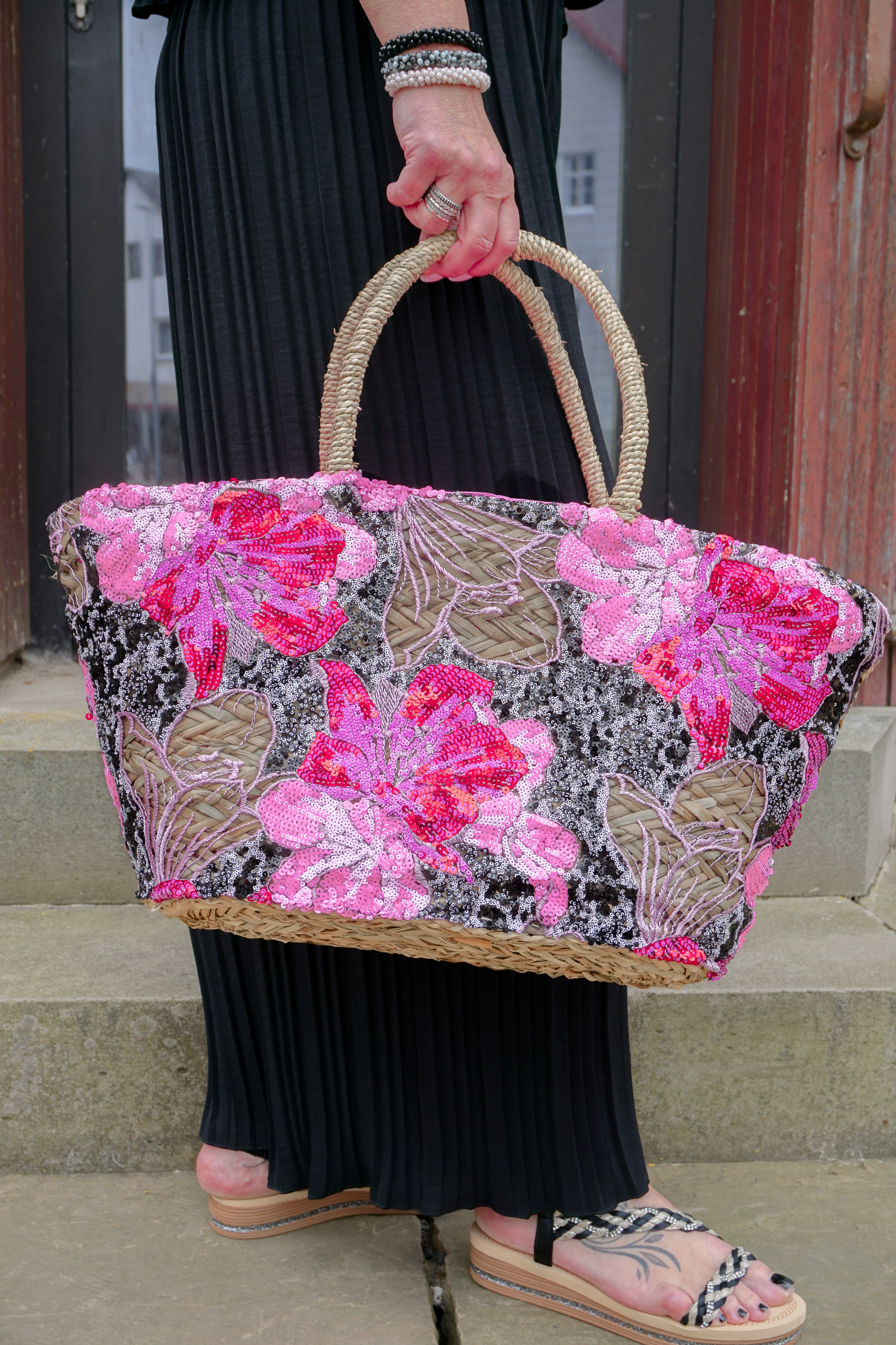 Verspielte Korbtasche "Flowers", pink