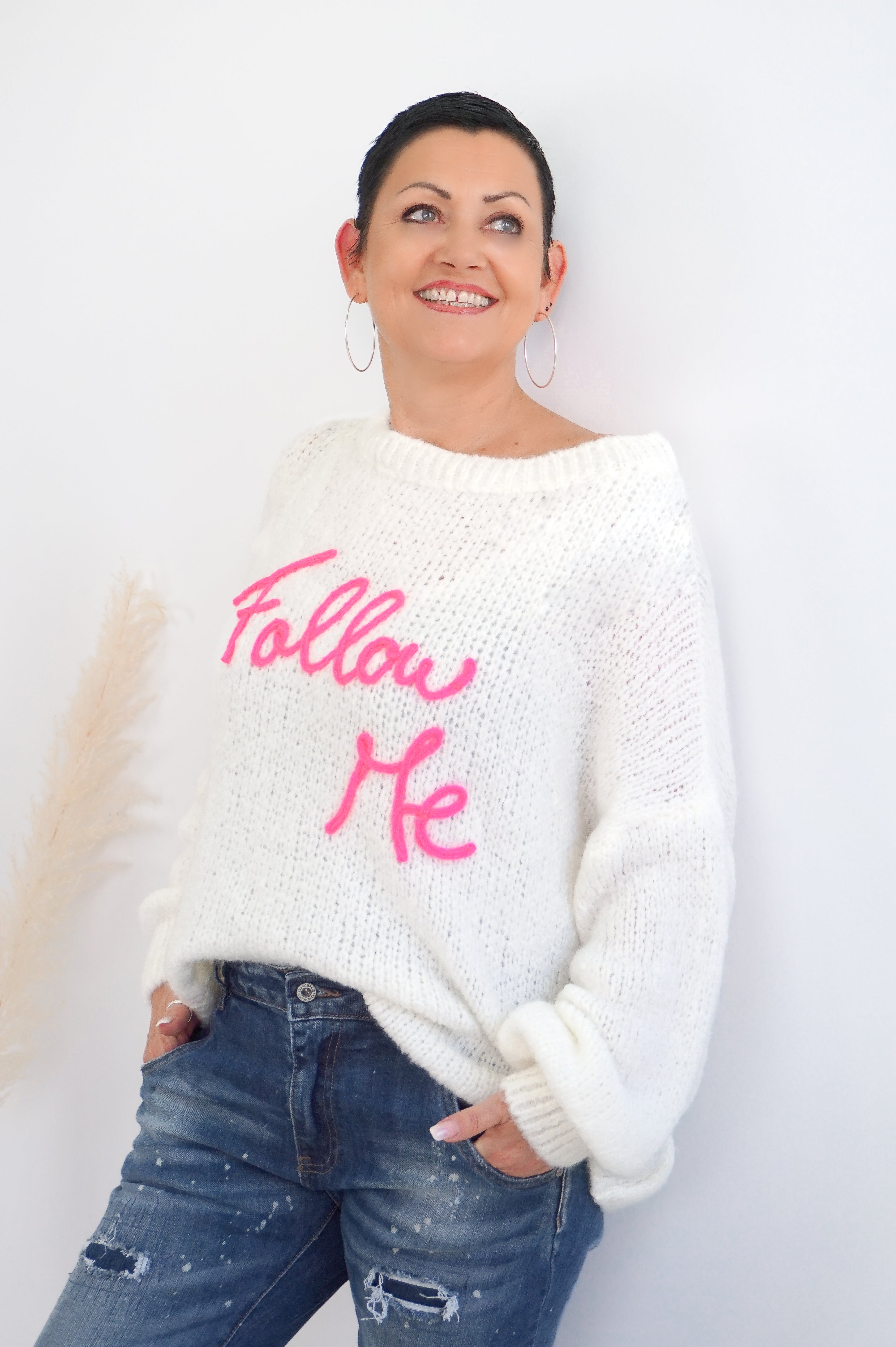 Strickpulli "Follow me", creme/neonpink