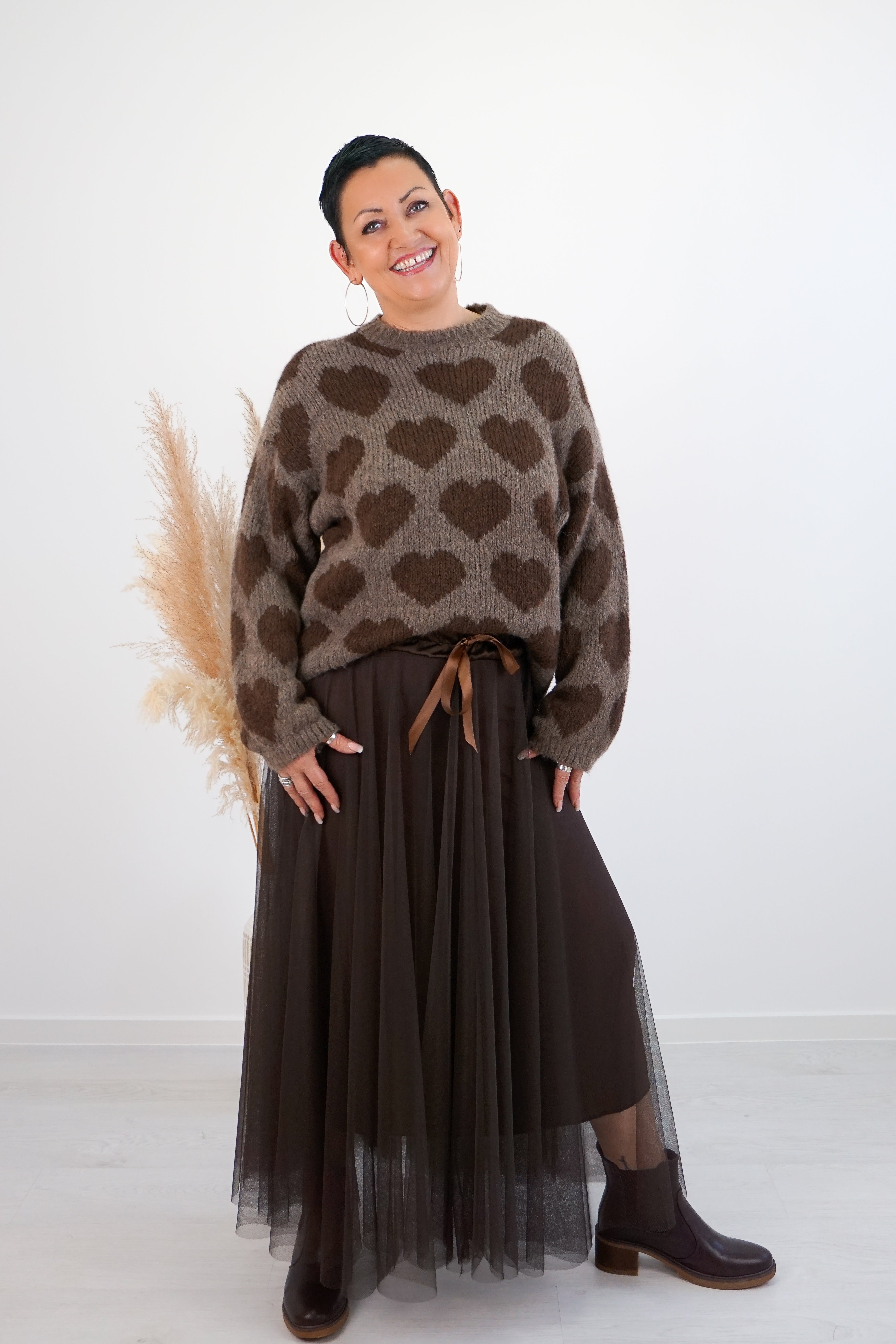 Strickpulli „hearts“, taupe/schokobraun