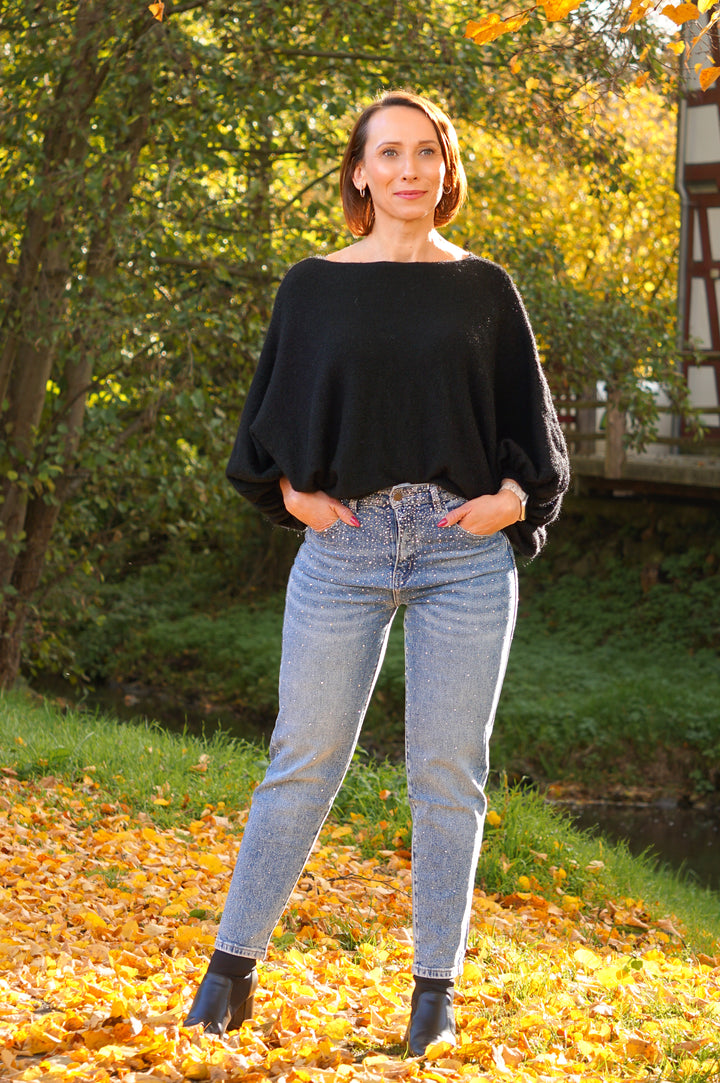 Strickpulli mit weiten Ballonärmeln, schwarz