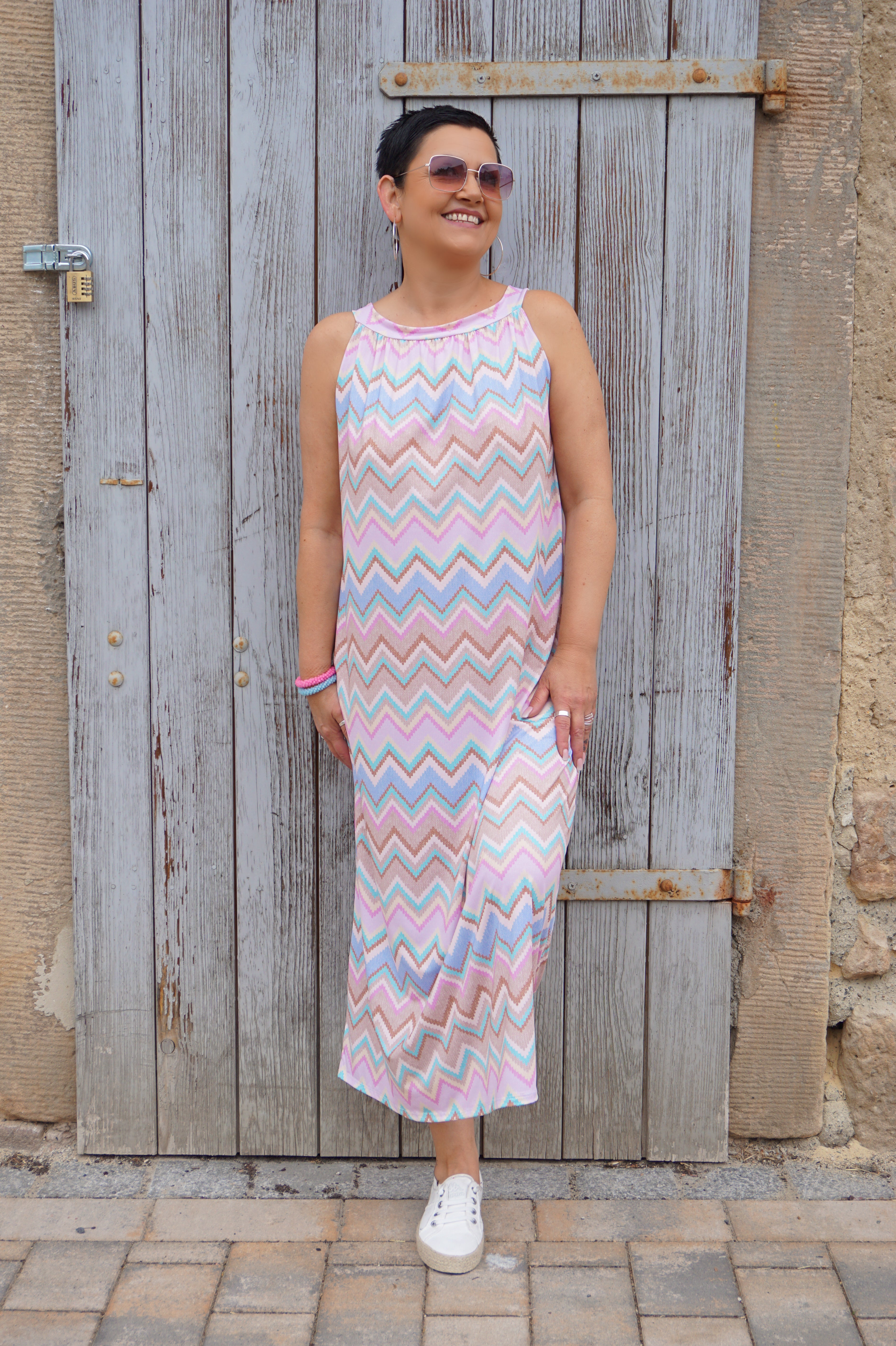 Langes Kofferkleid mit Print, beige/bunt