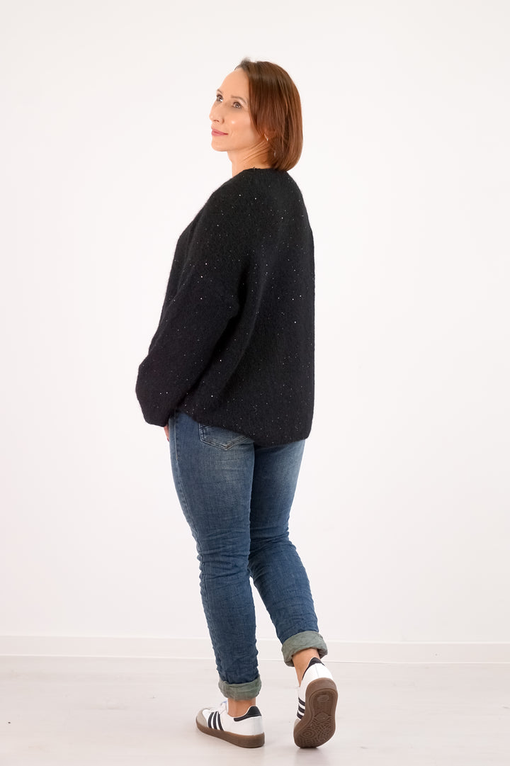 Strickpulli mit Pailletten, schwarz