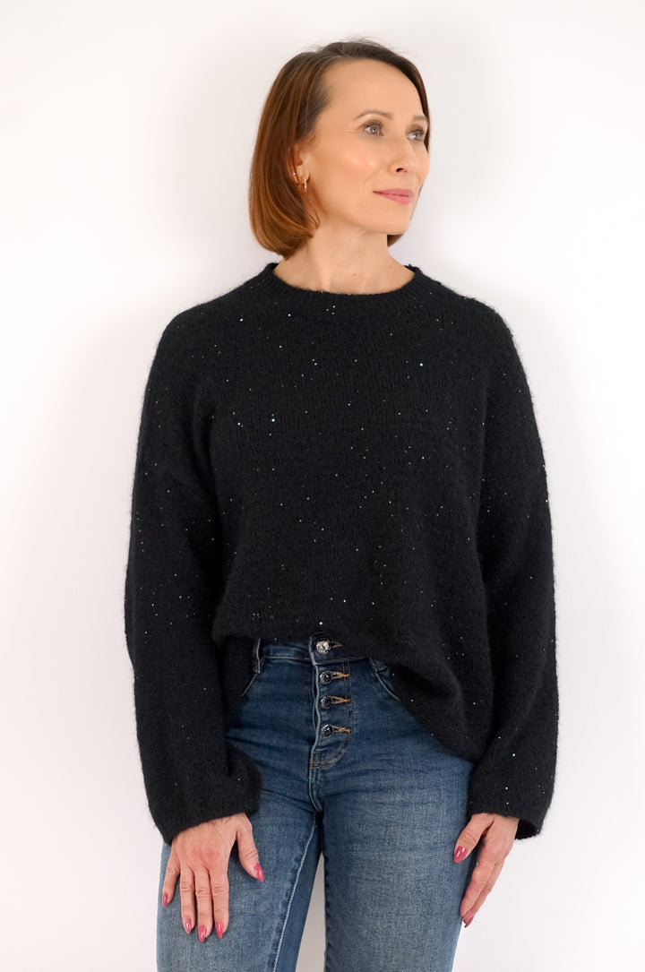 Strickpulli mit Pailletten, schwarz