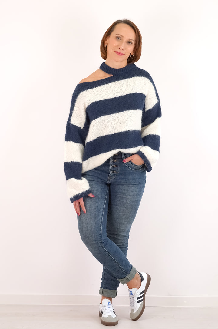 Strickpullover mit Schulter-Cut-out, blau/creme