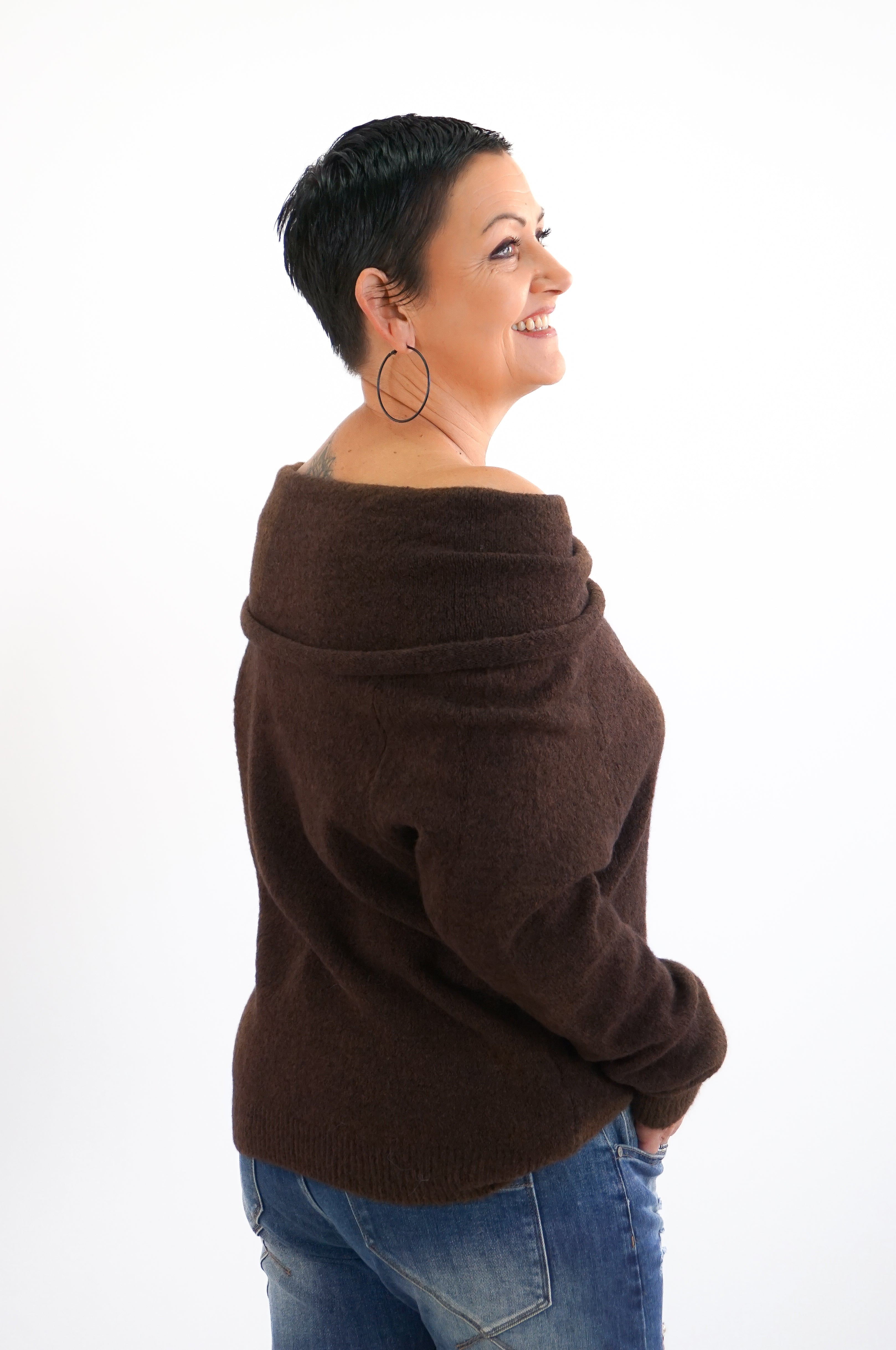 Off-Shoulder Strickpulli, schokobraun