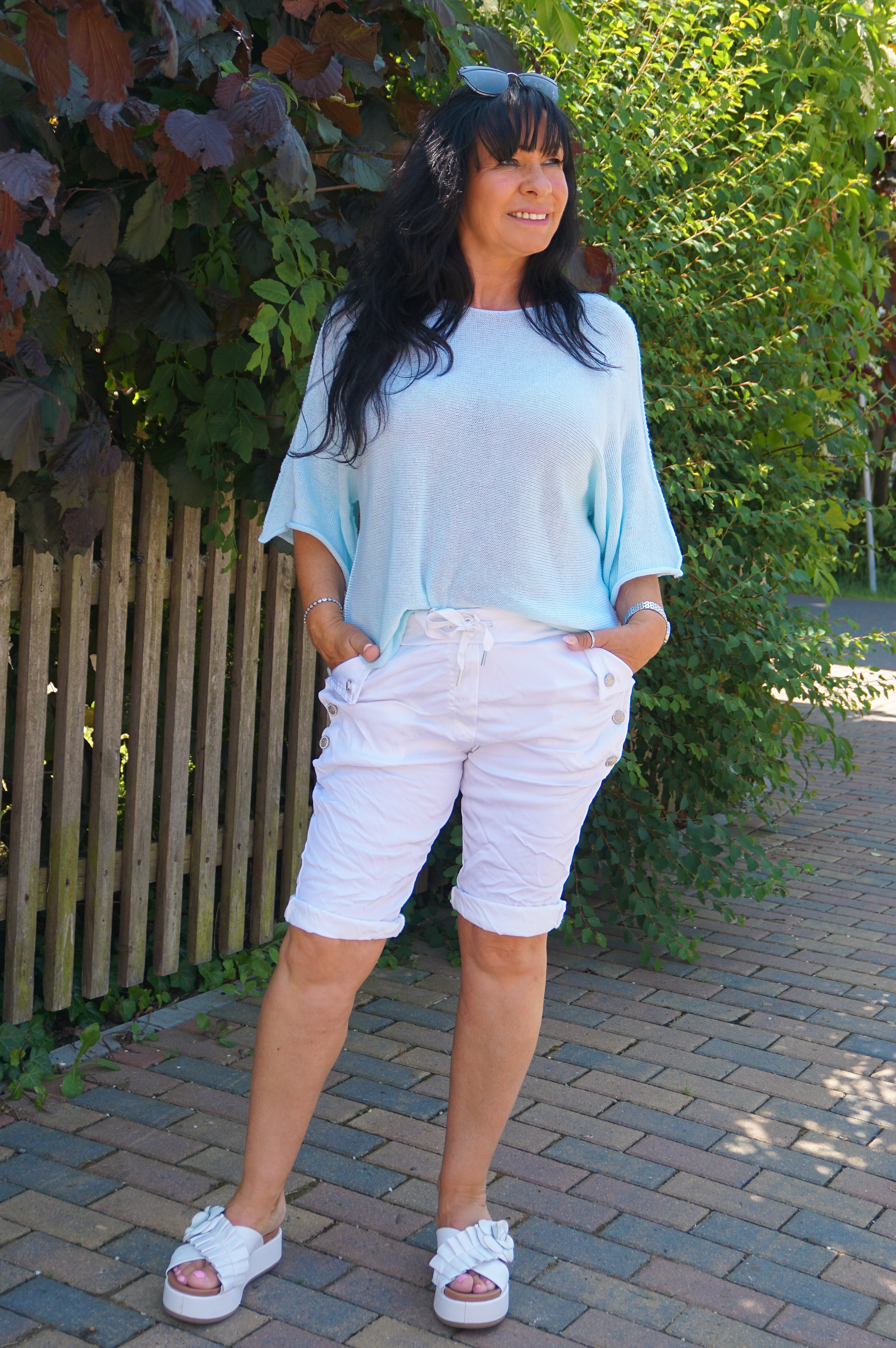 Leichtes kurzarm Häkelshirt, eisblau