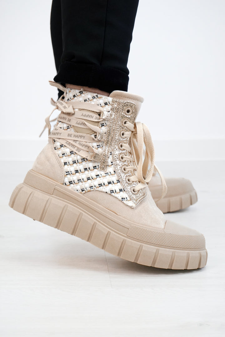 Hoher Sneaker "BE HAPPY", beige