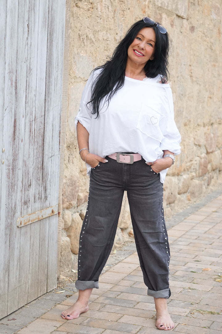 Sexy Woman Barrel Jeans mit Nieten, grau