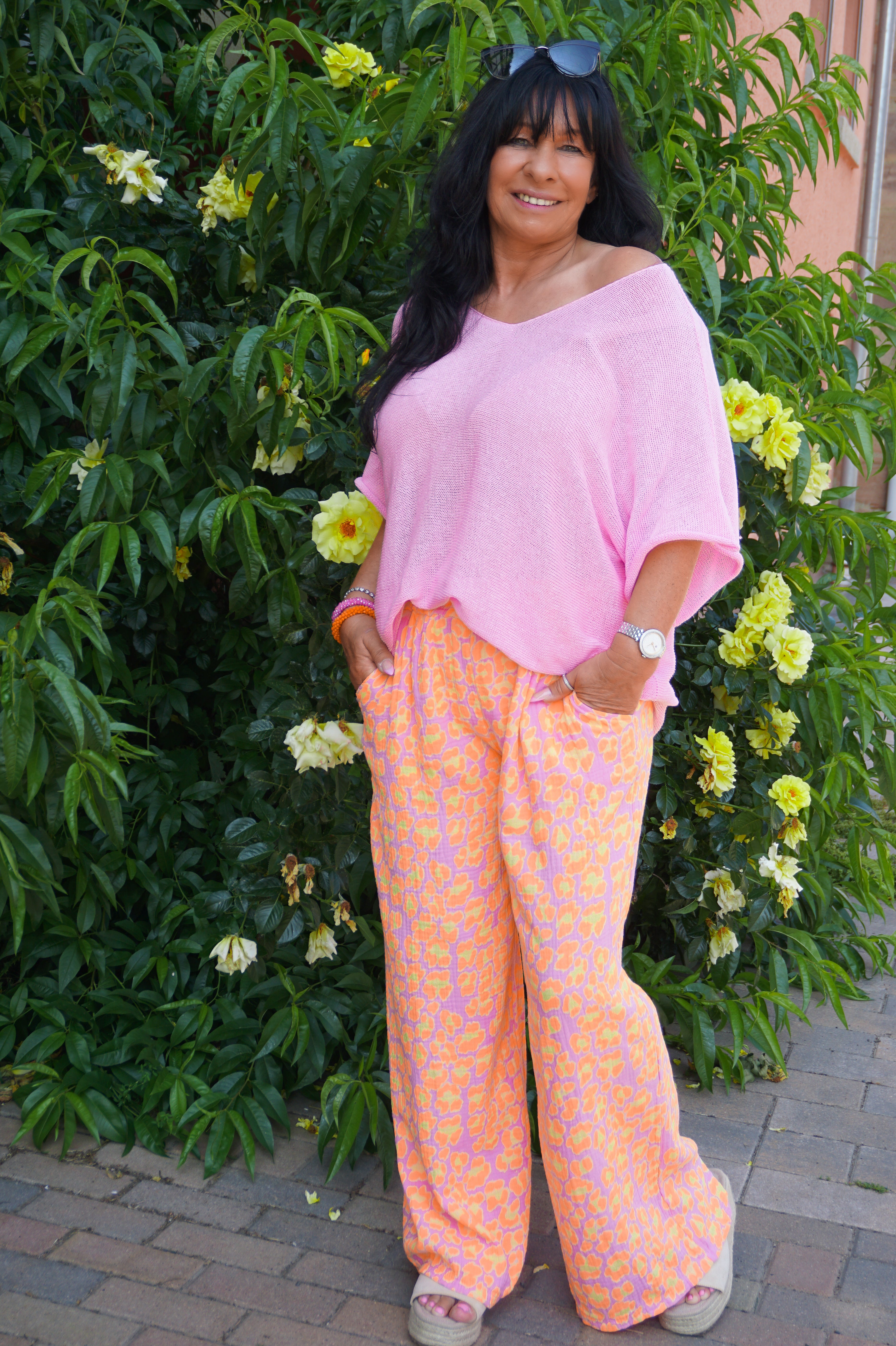 Musselin Hose mit Leo Print, candy pink/orange/gelb