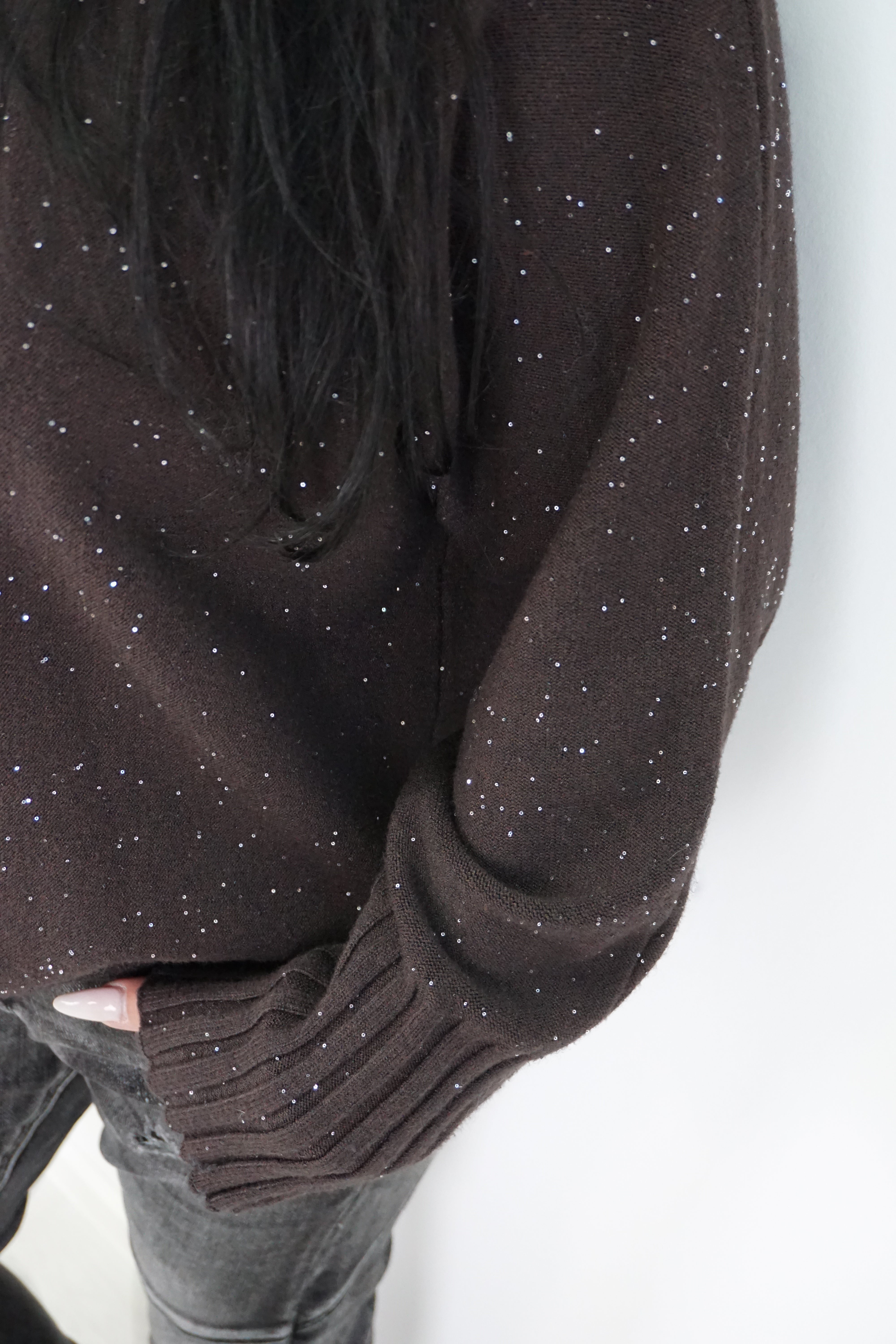 Feinstrickpulli mit Stehkragen „sparkle“, schokobraun