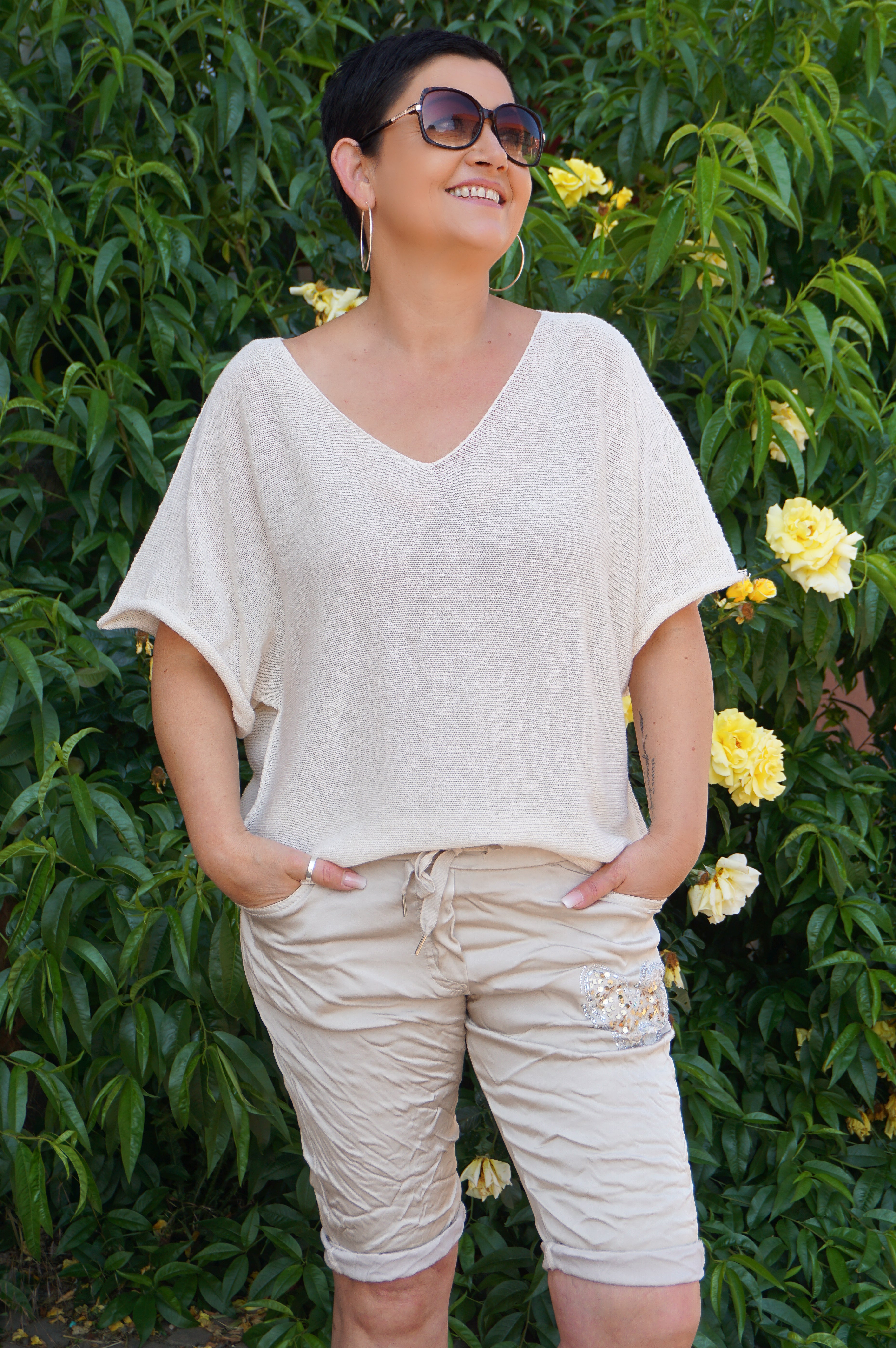 Leichtes kurzarm Häkelshirt, hellbeige