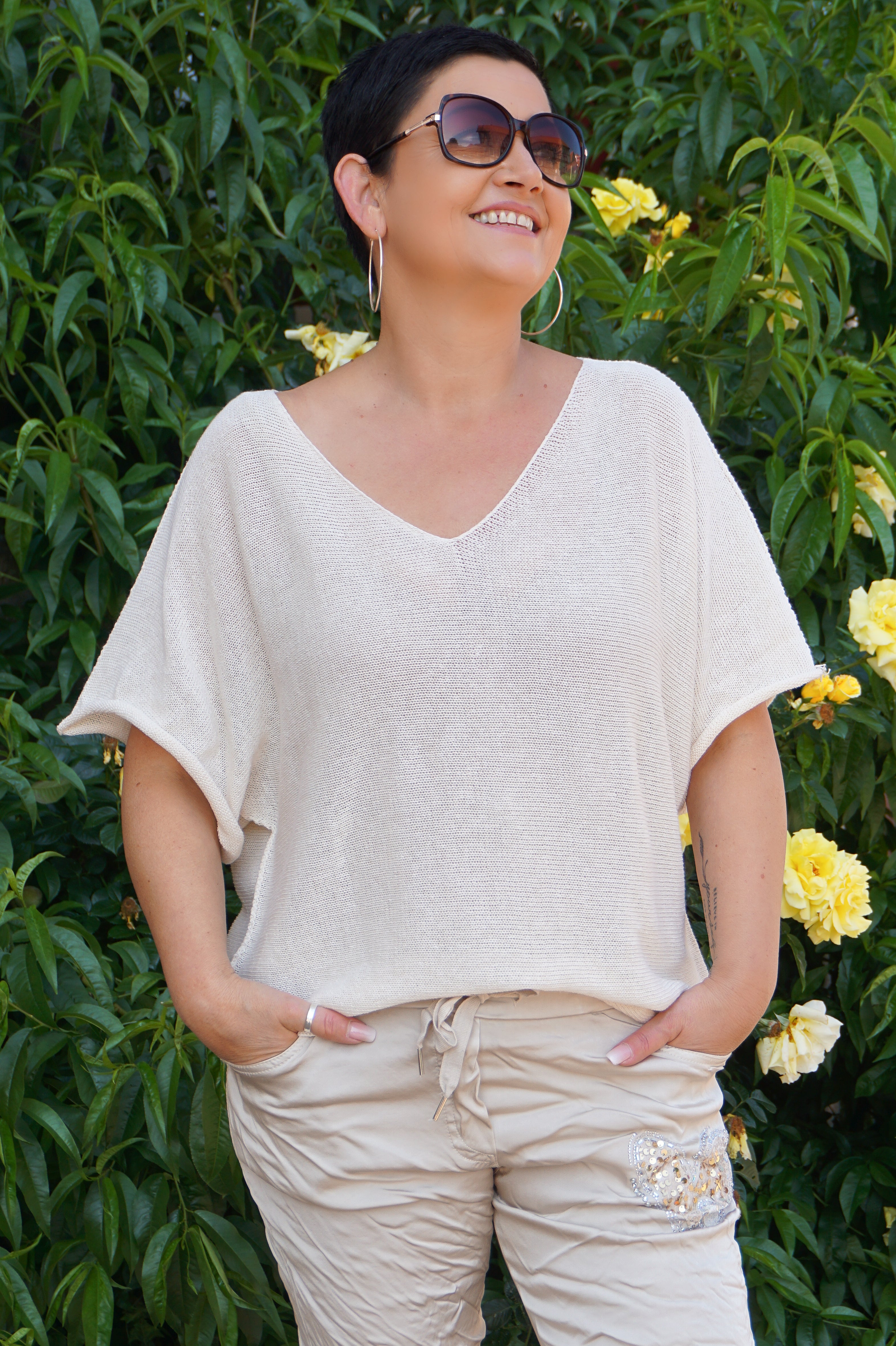 Leichtes kurzarm Häkelshirt, hellbeige
