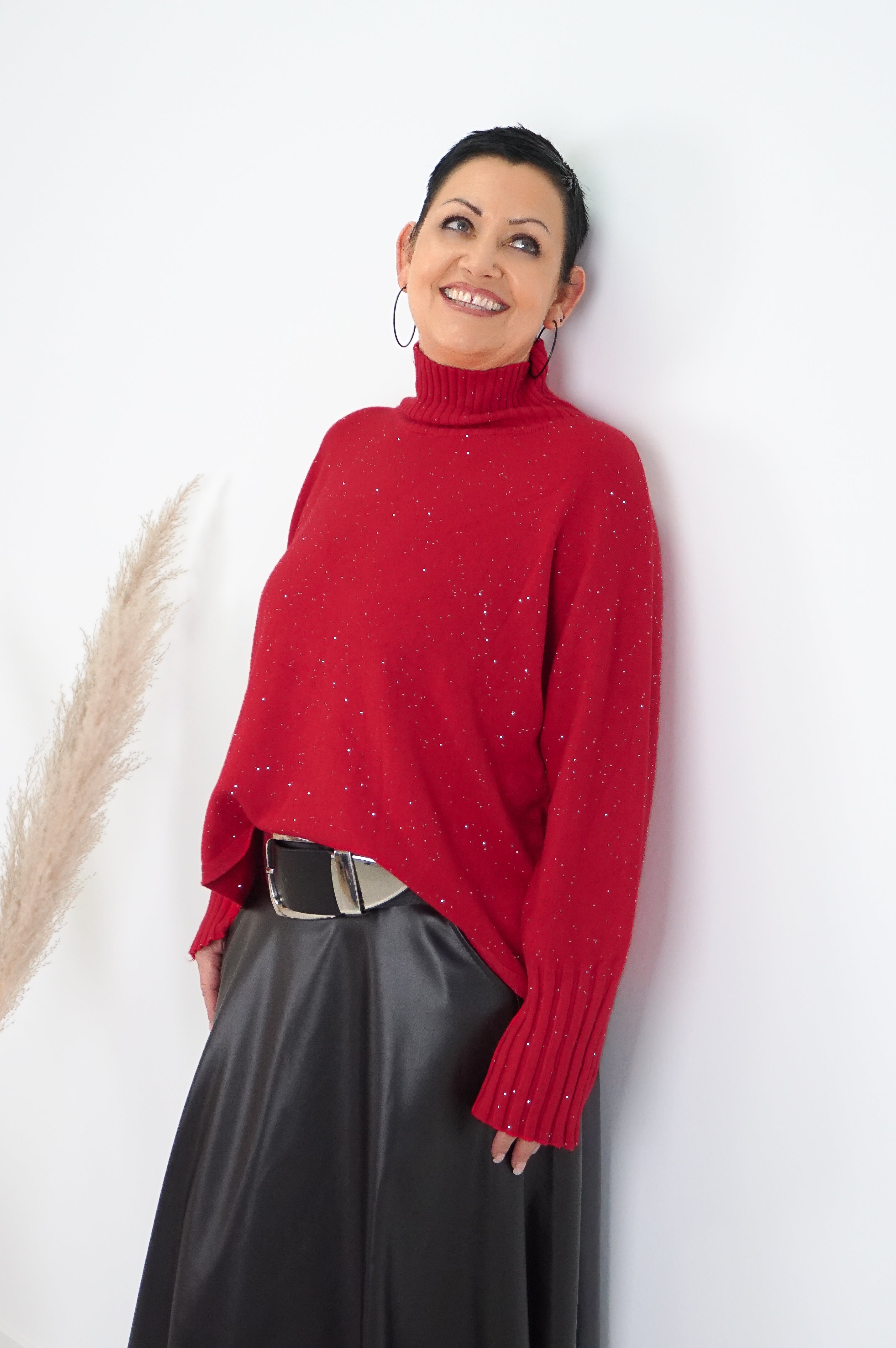 Feinstrickpulli mit Stehkragen „sparkle“, rot