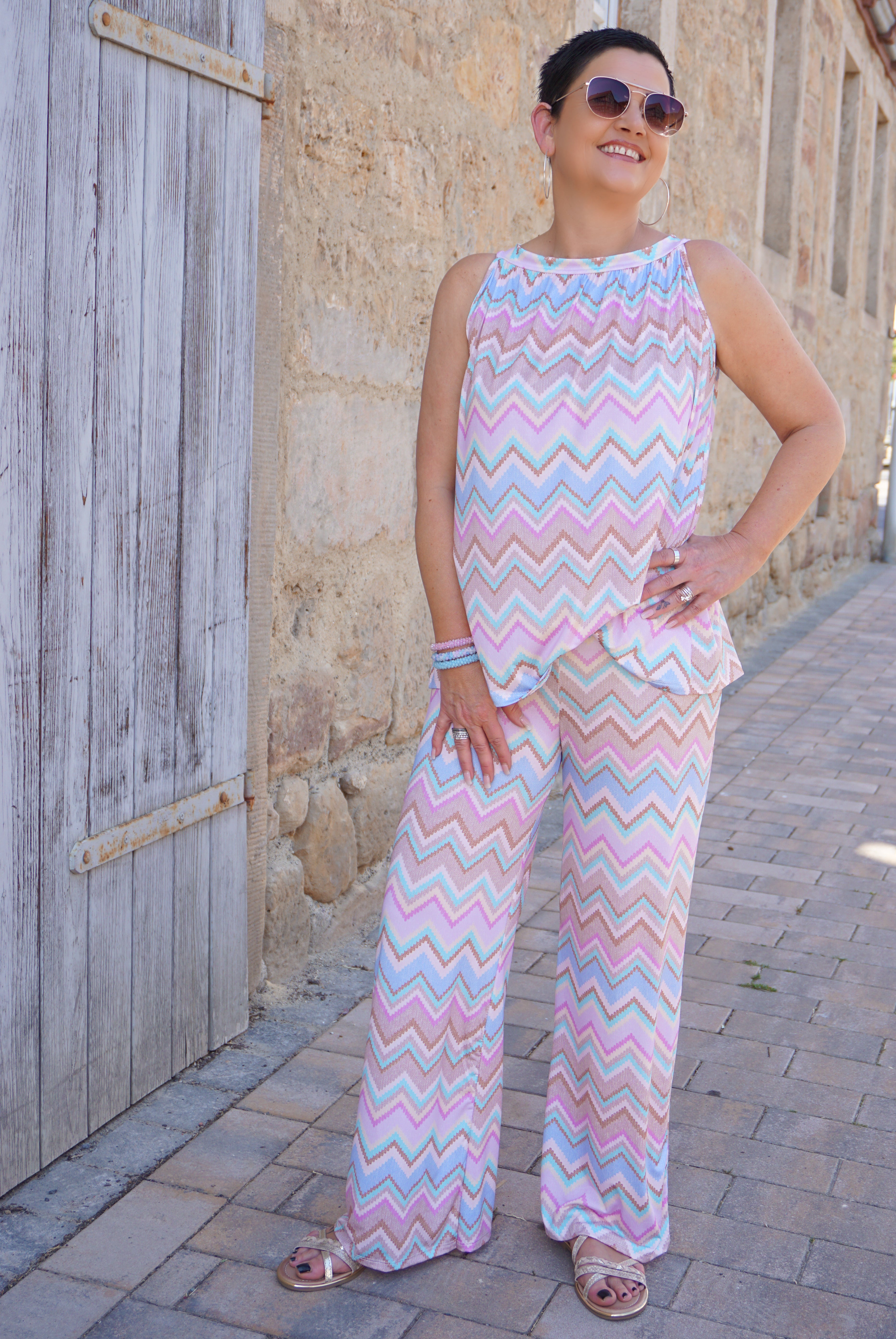 Zweiteiler Kofferhose mit Print, beige/bunt