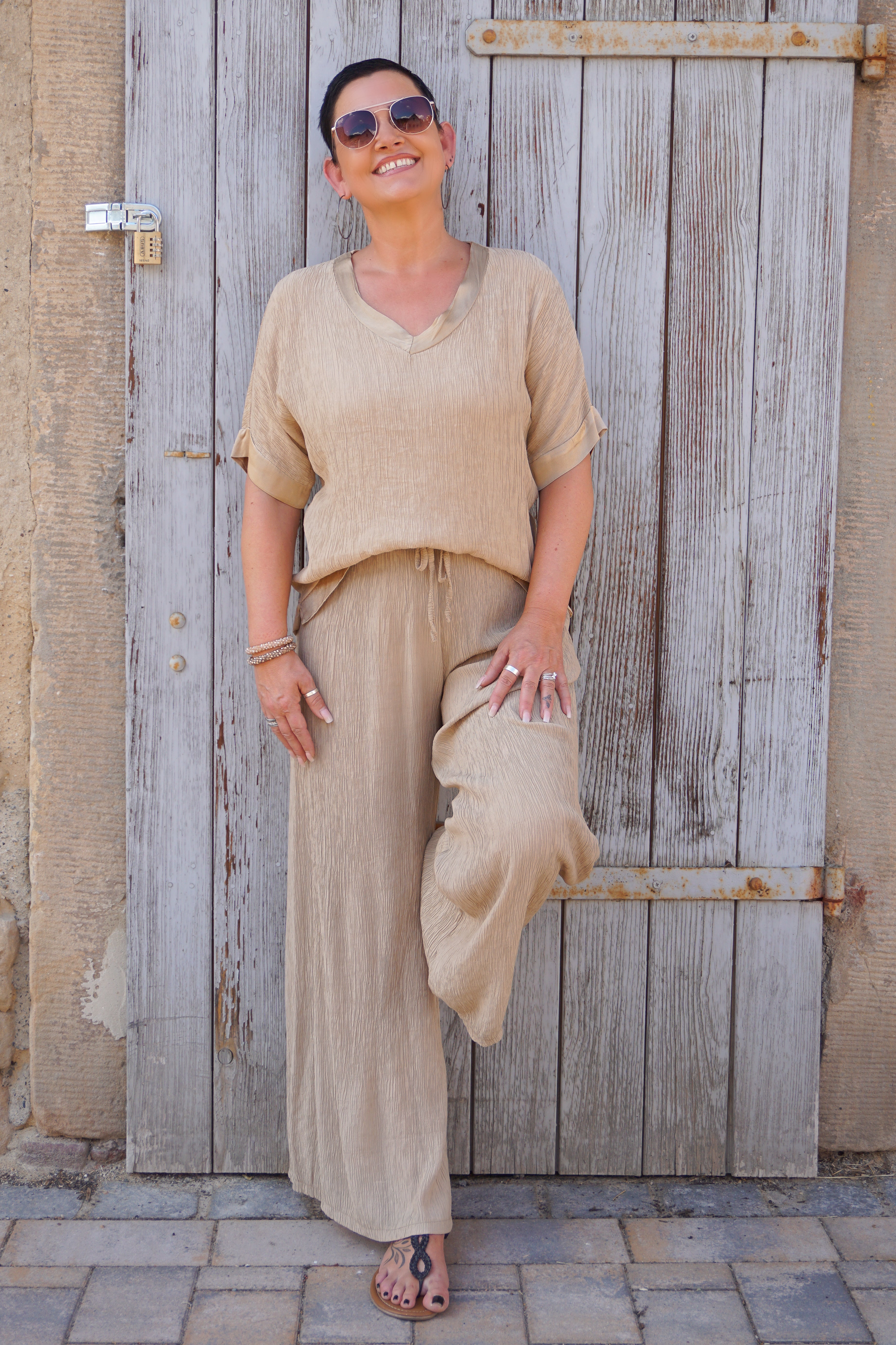 Zweiteiler Marlene Hose in crinkle Optik, camel