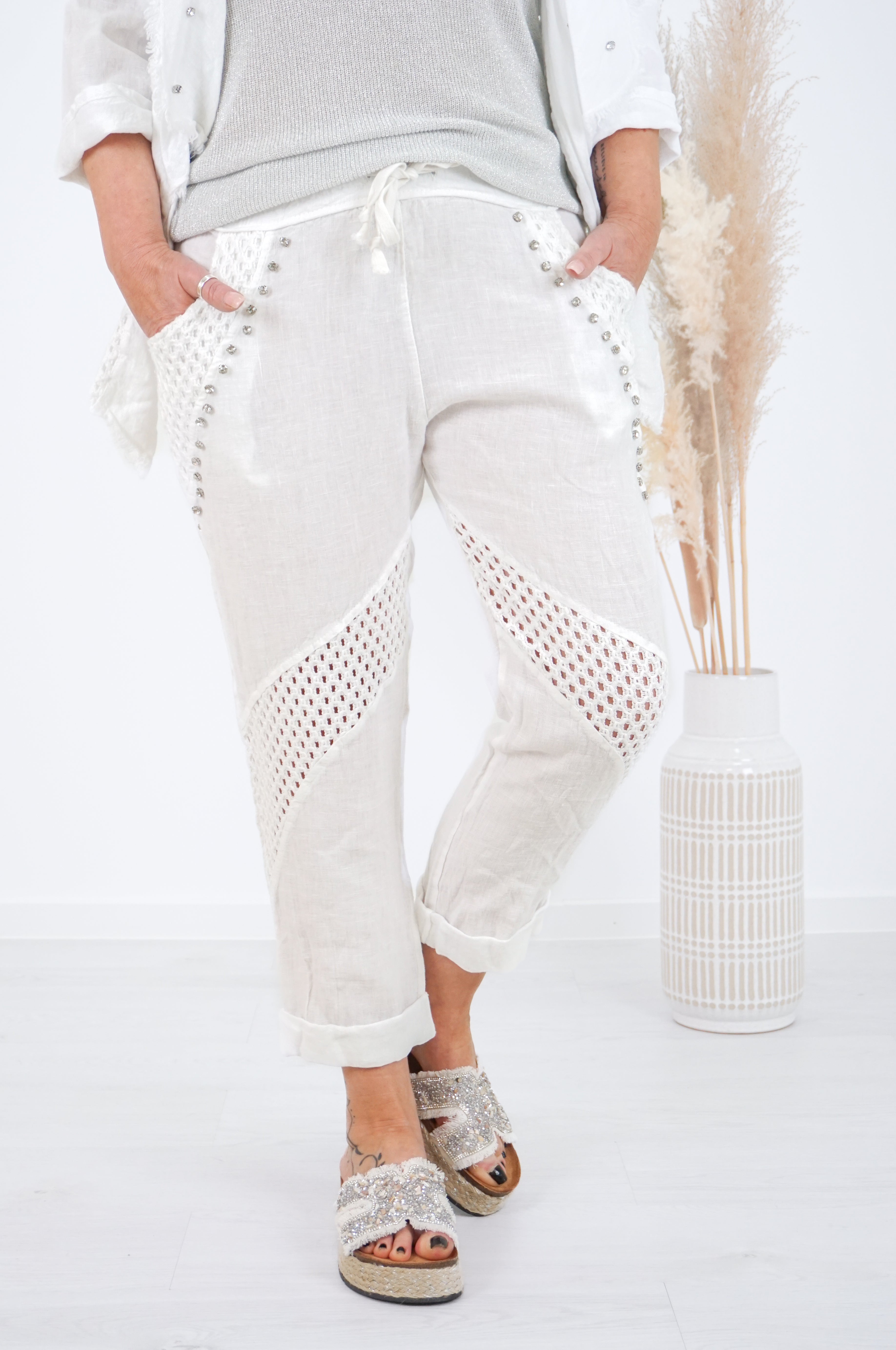 Verspielte Leinenhose "Glamour", weiß