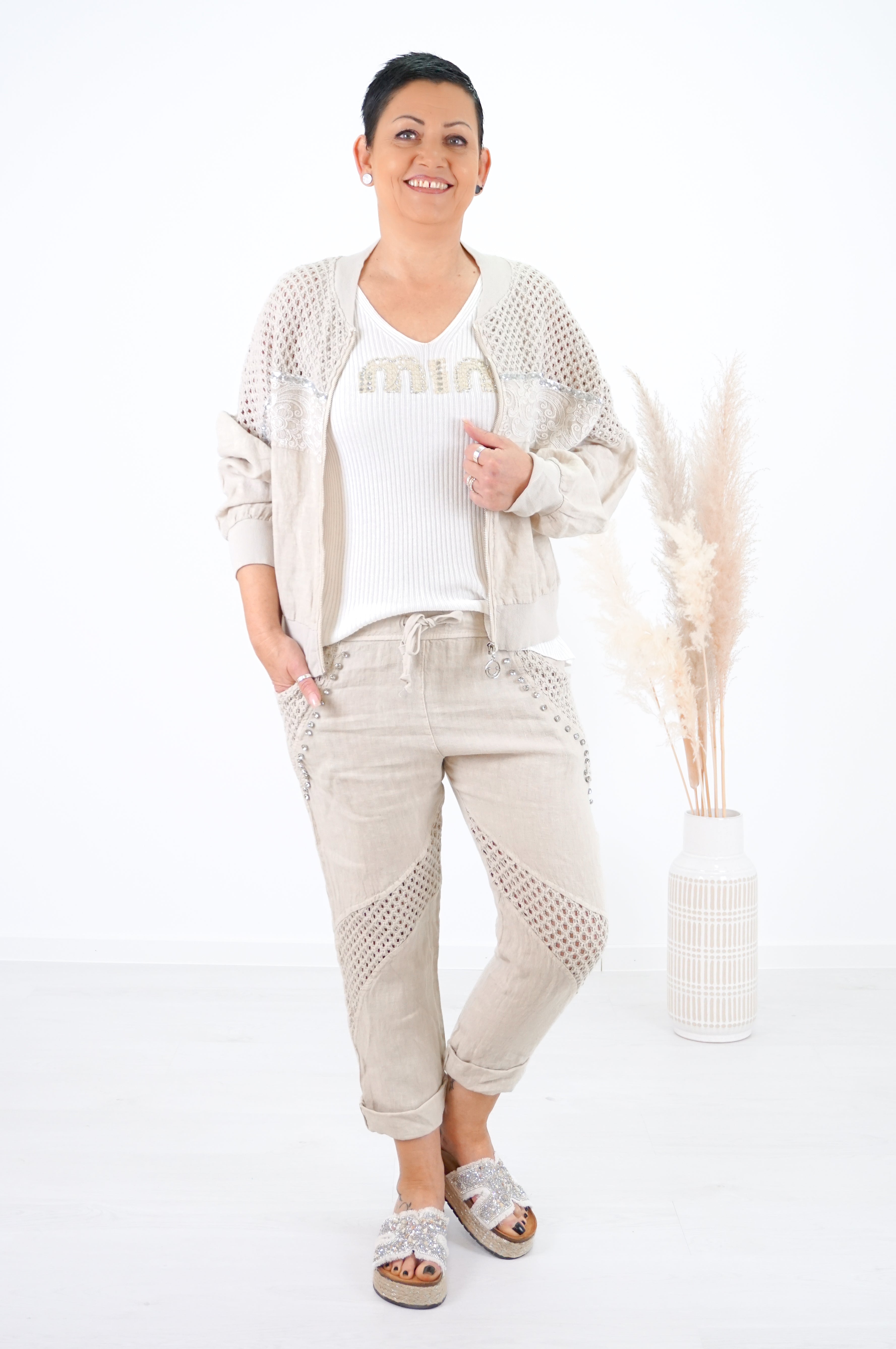 Verspielte Leinenhose "Glamour", beige