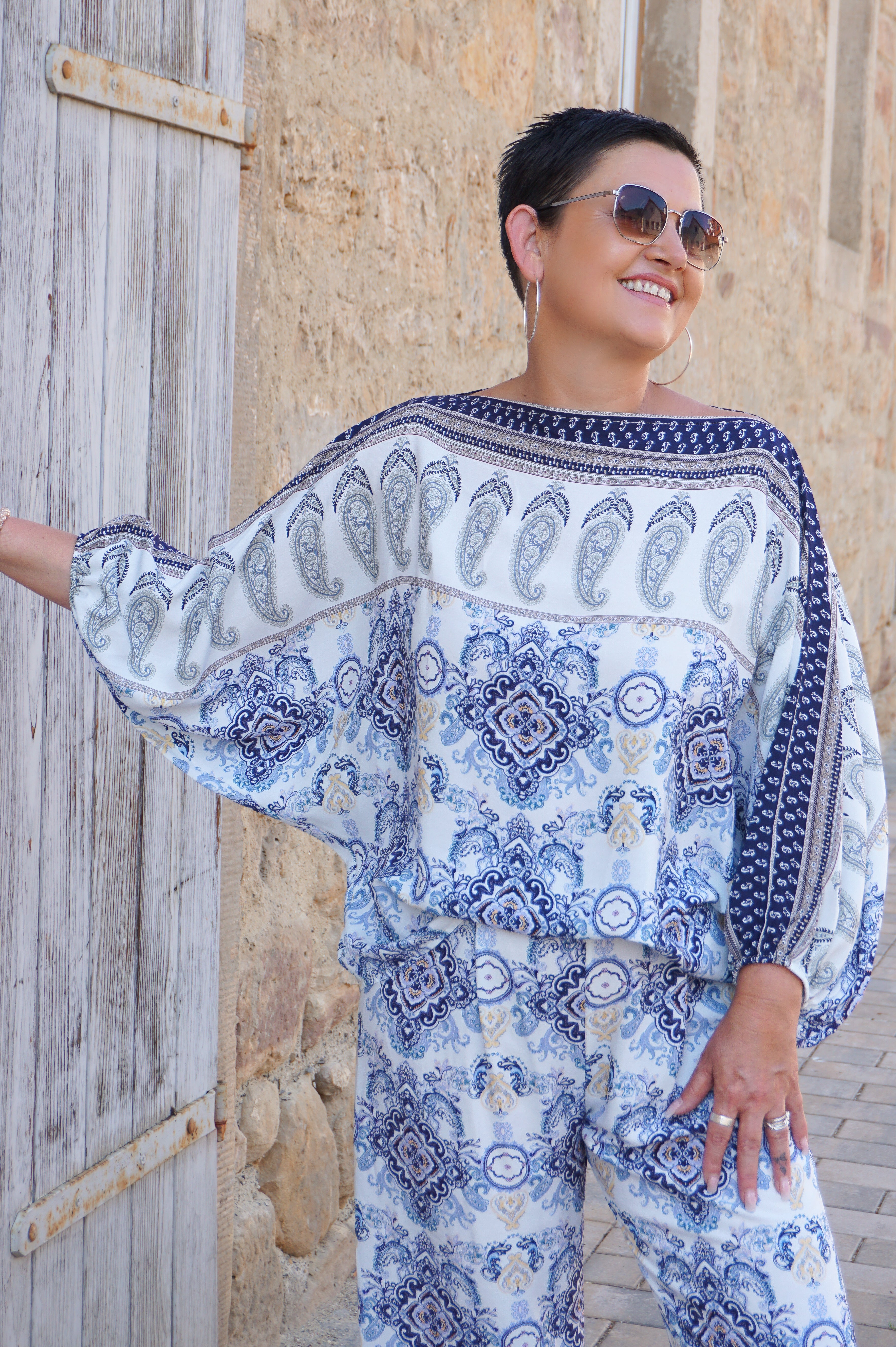 Zweiteiler Bluse mit Muster in blau/weiß