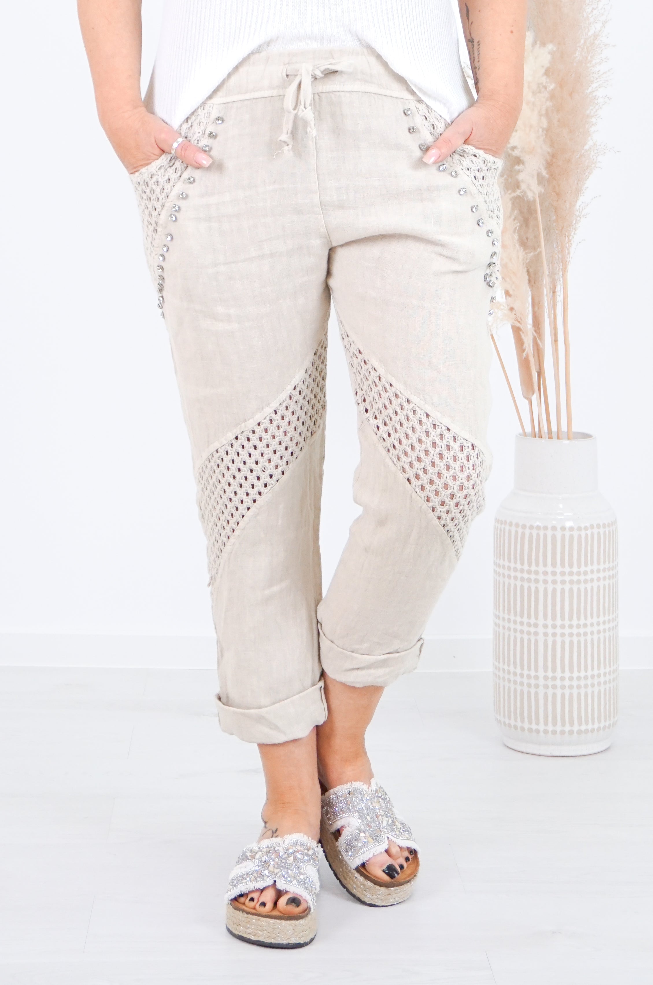 Verspielte Leinenhose "Glamour", beige