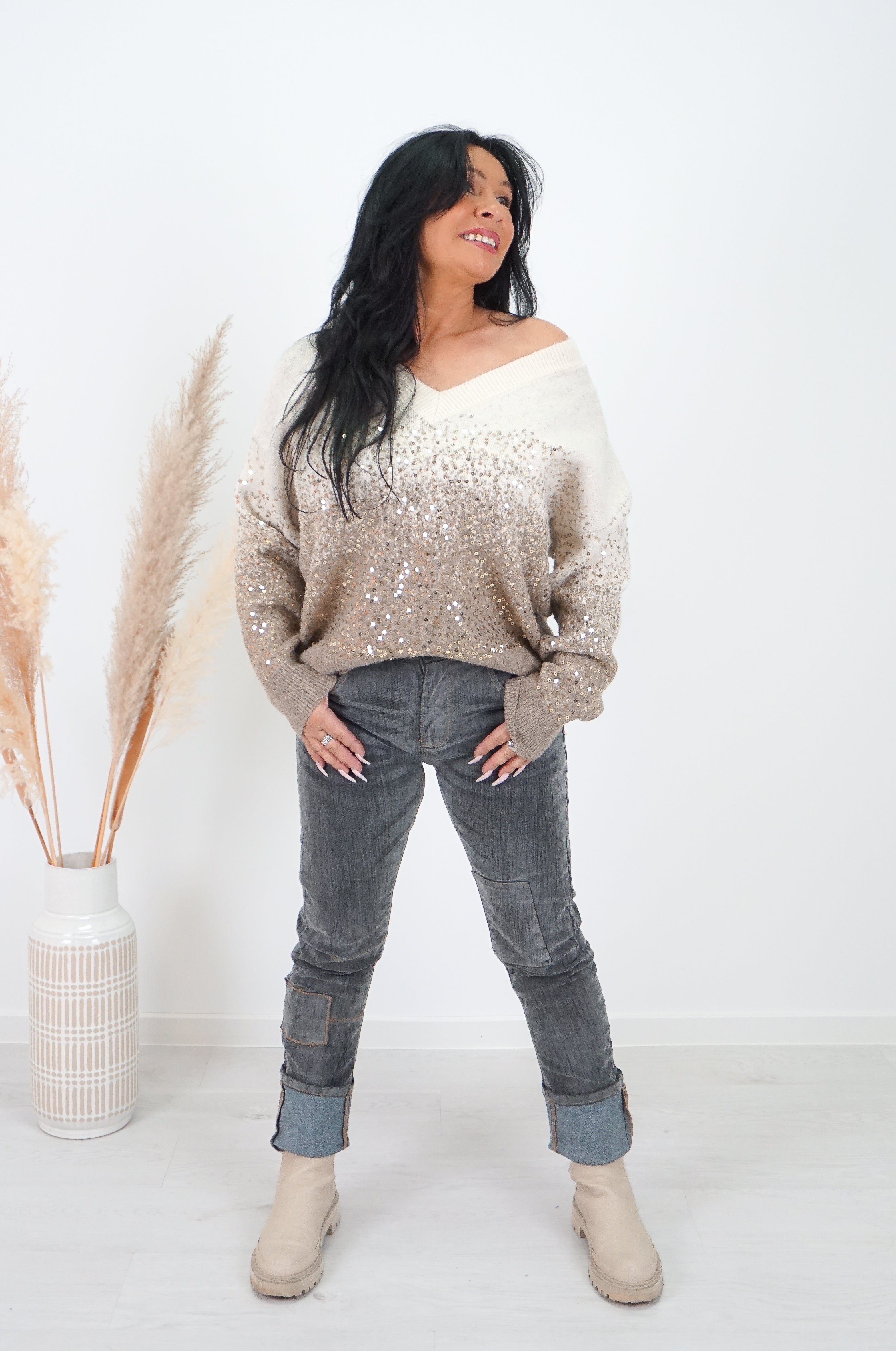 Strickpulli mit Farbverlauf und Pailletten, beige/gold