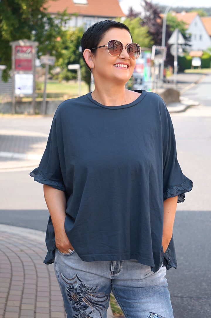 Kurzarm Blusenshirt mit Rüschen, dunkelblau